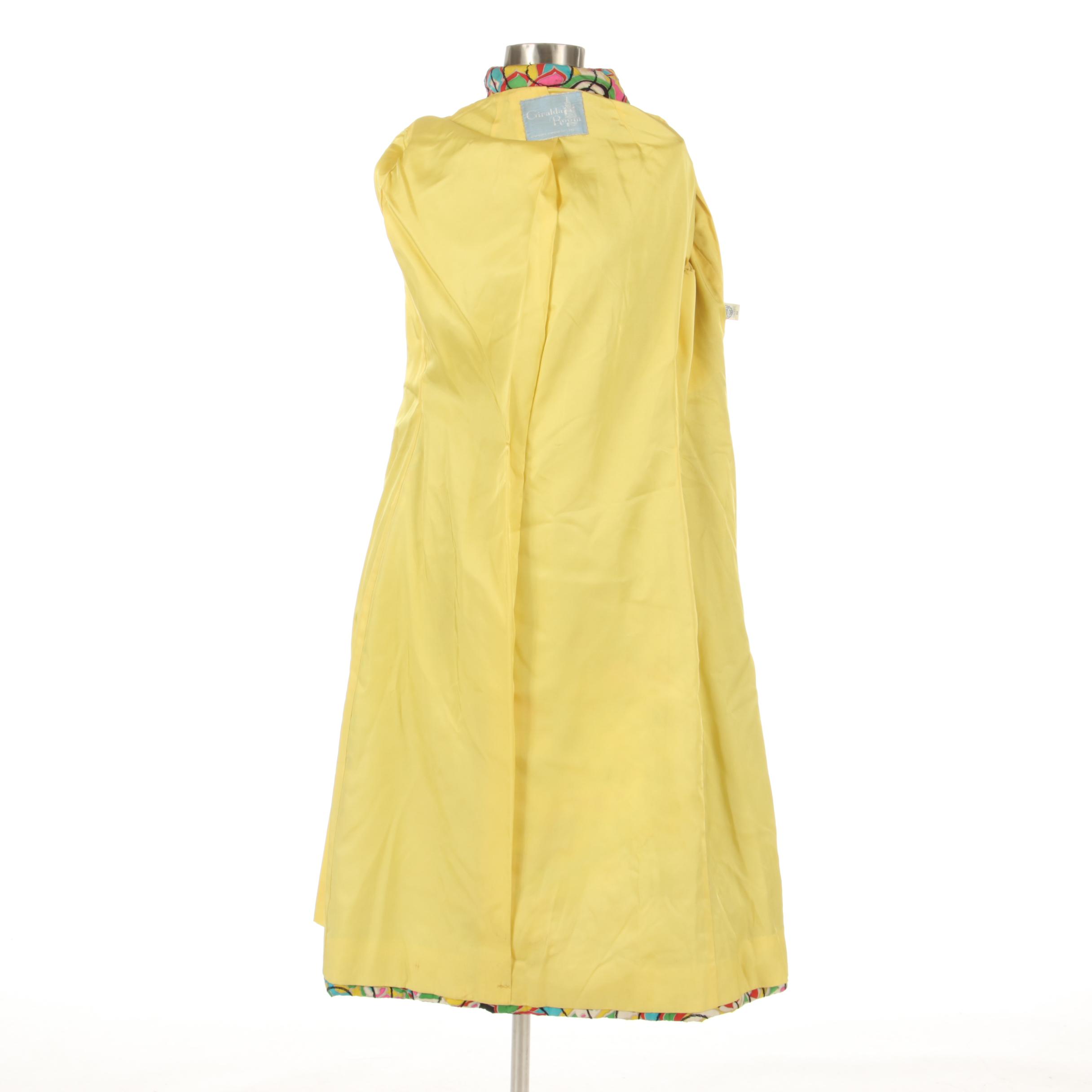 Giralda Room Silk Print Quilted Coat with Black Circular Stitched Details