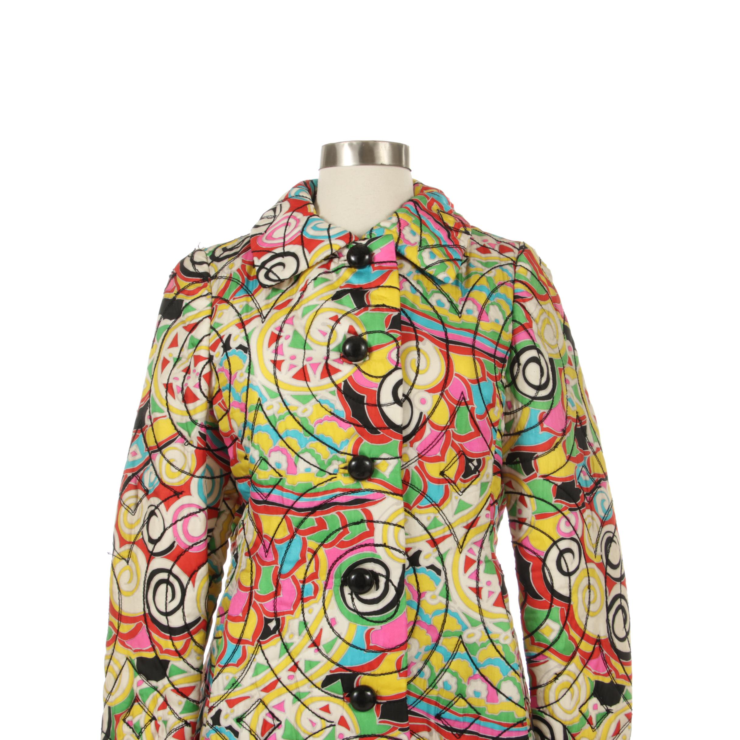 Giralda Room Silk Print Quilted Coat with Black Circular Stitched Details