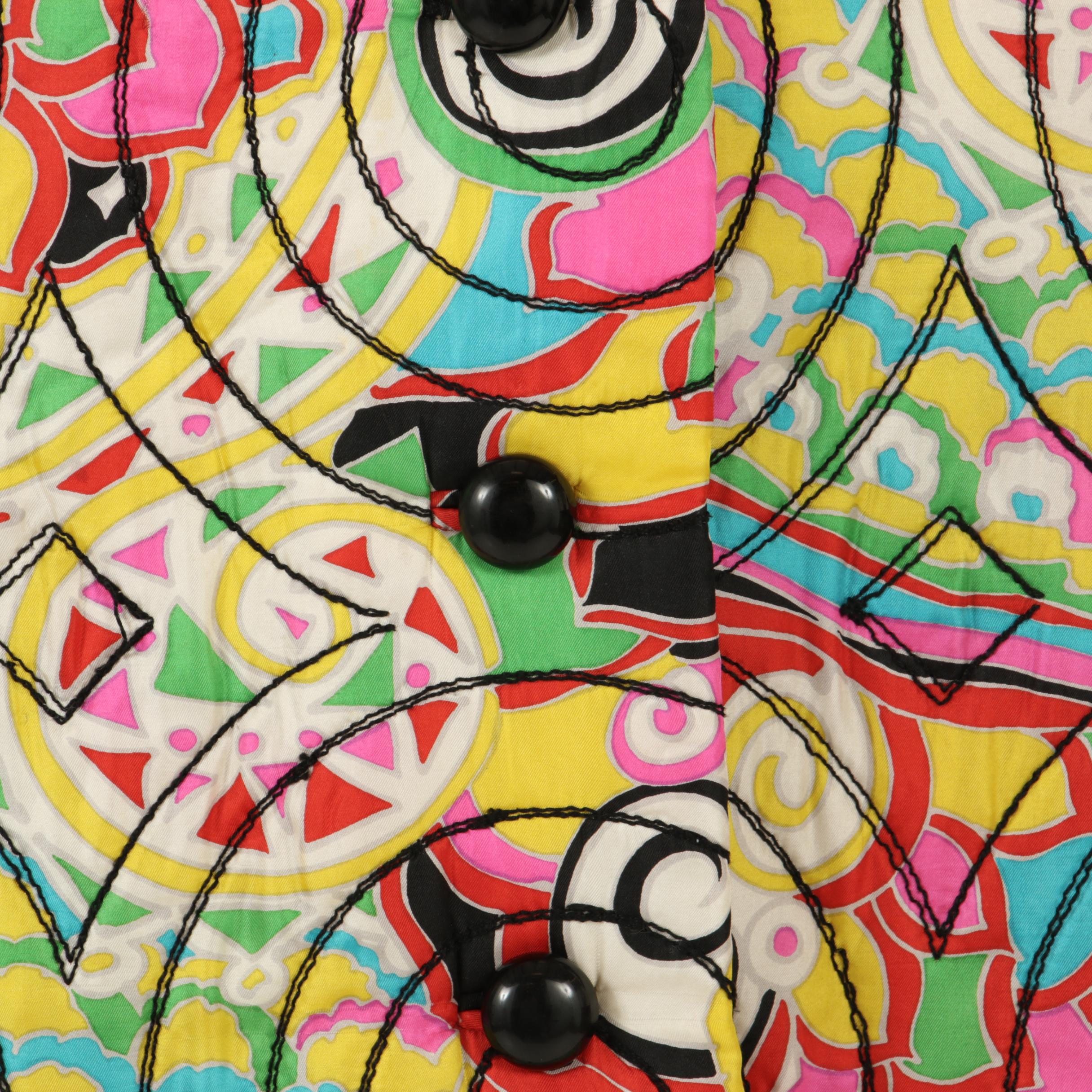 Giralda Room Silk Print Quilted Coat with Black Circular Stitched Details