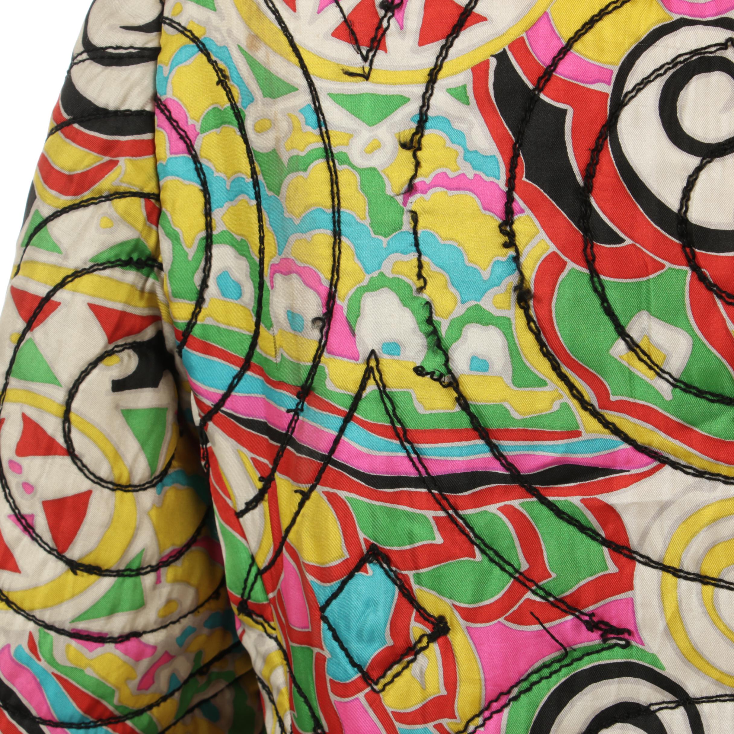 Giralda Room Silk Print Quilted Coat with Black Circular Stitched Details