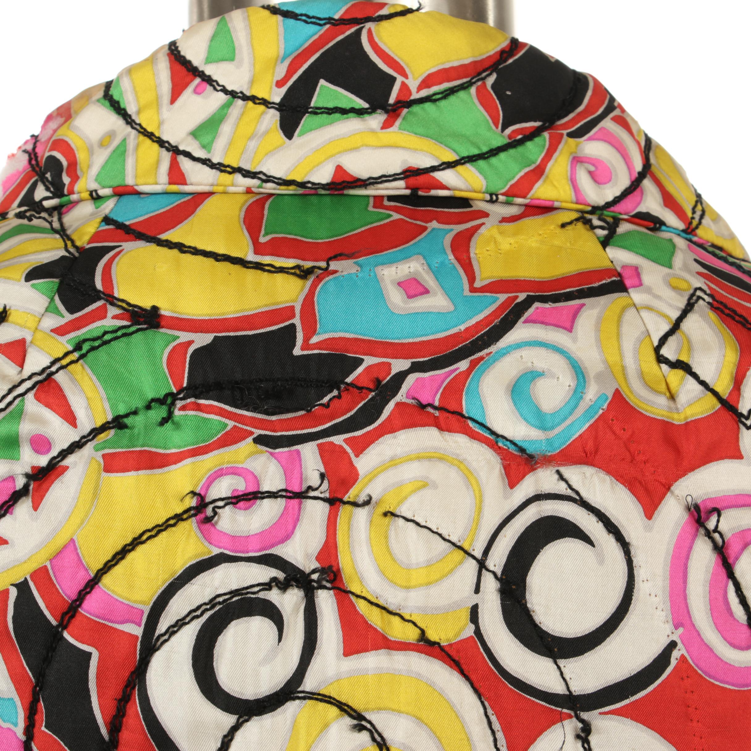 Giralda Room Silk Print Quilted Coat with Black Circular Stitched Details