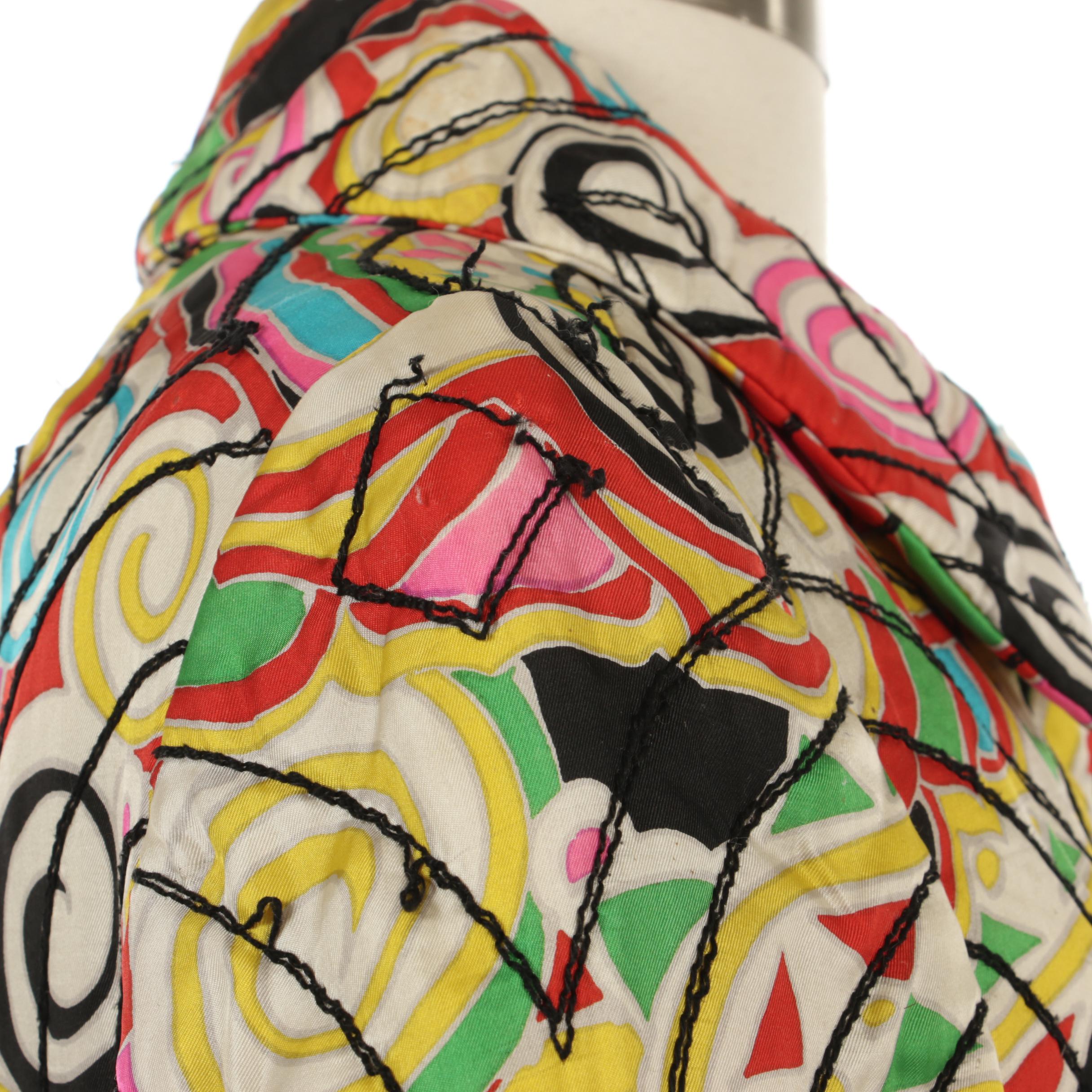 Giralda Room Silk Print Quilted Coat with Black Circular Stitched Details