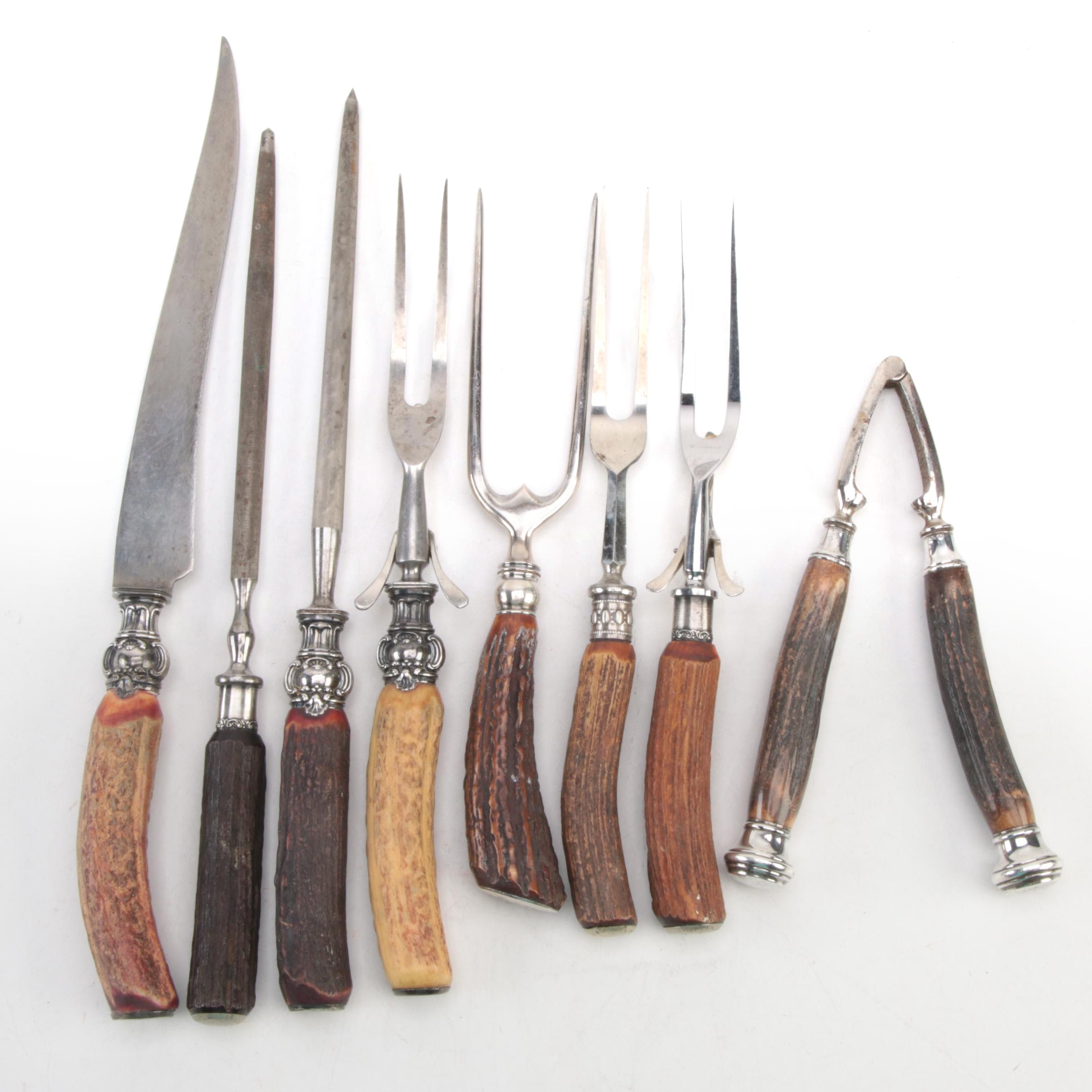 Antler Carving Forks and Sharpening Steel with Sterling Silver Collars