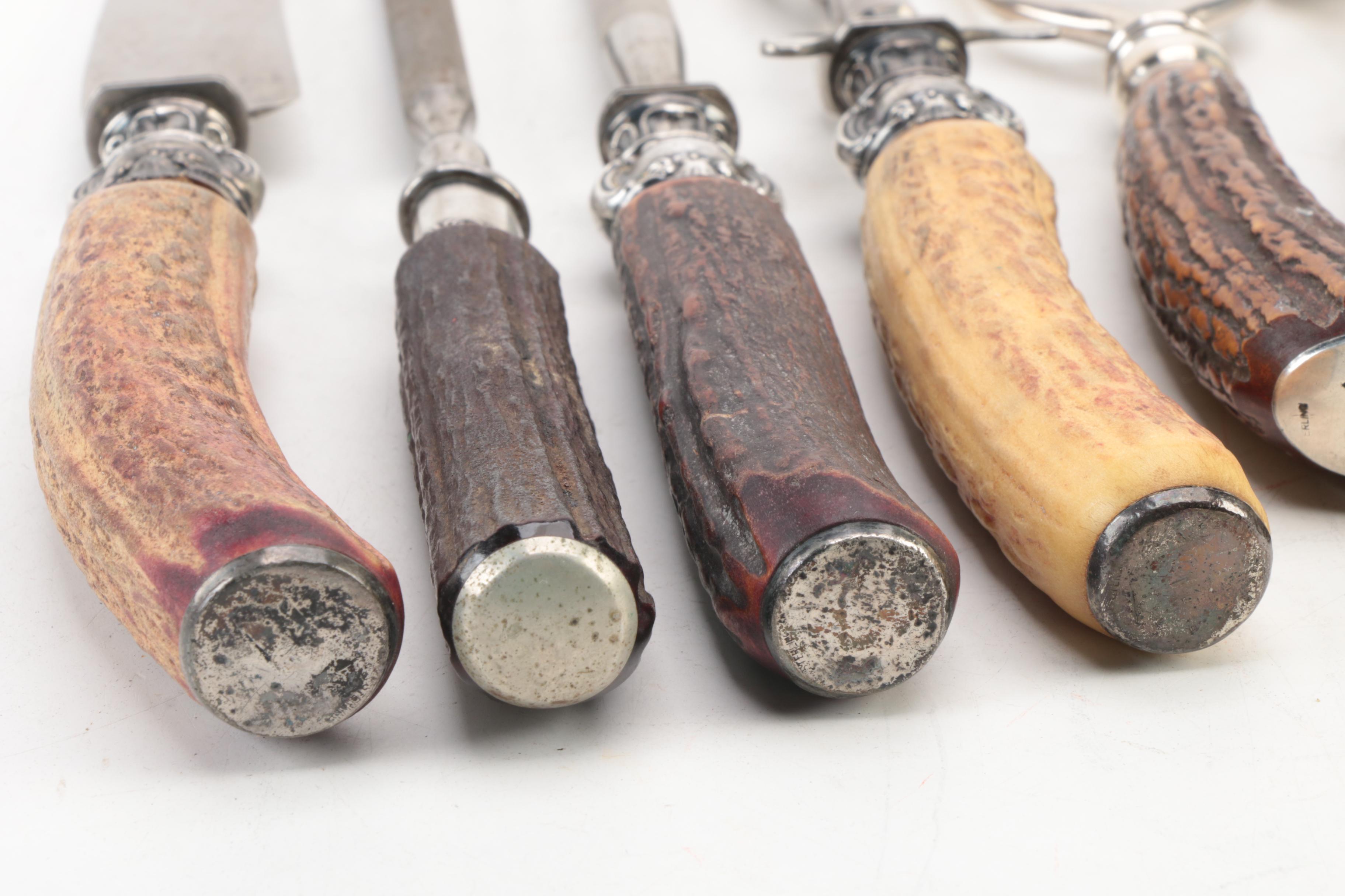 Antler Carving Forks and Sharpening Steel with Sterling Silver Collars