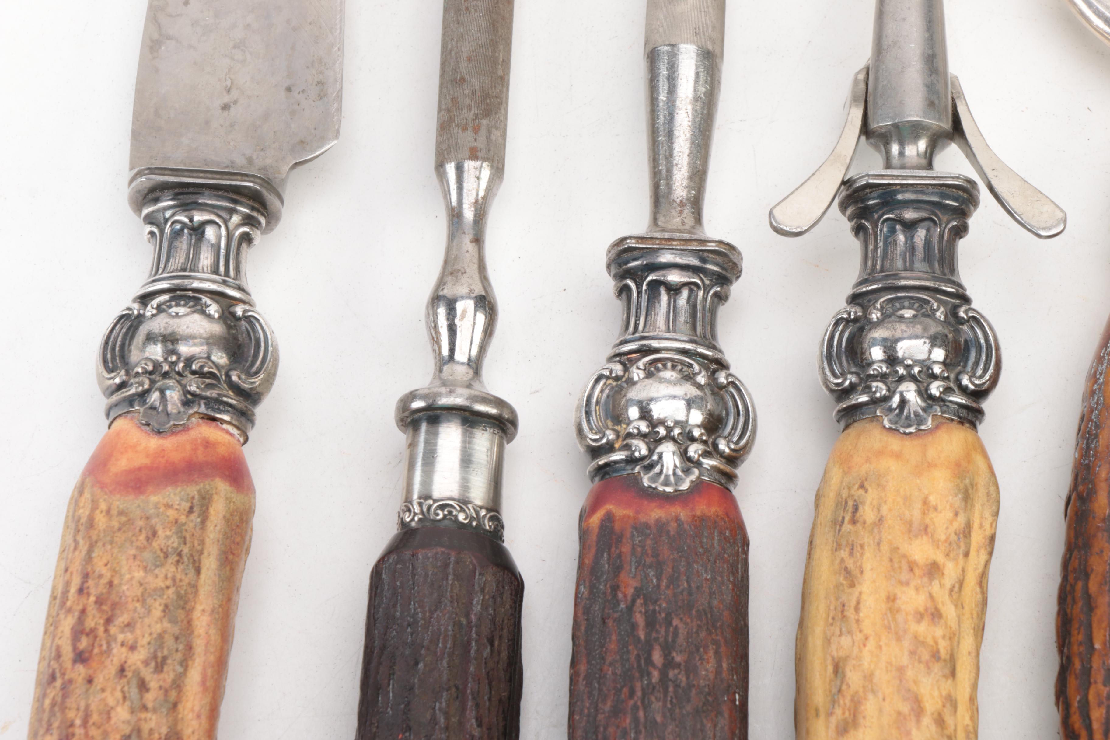 Antler Carving Forks and Sharpening Steel with Sterling Silver Collars