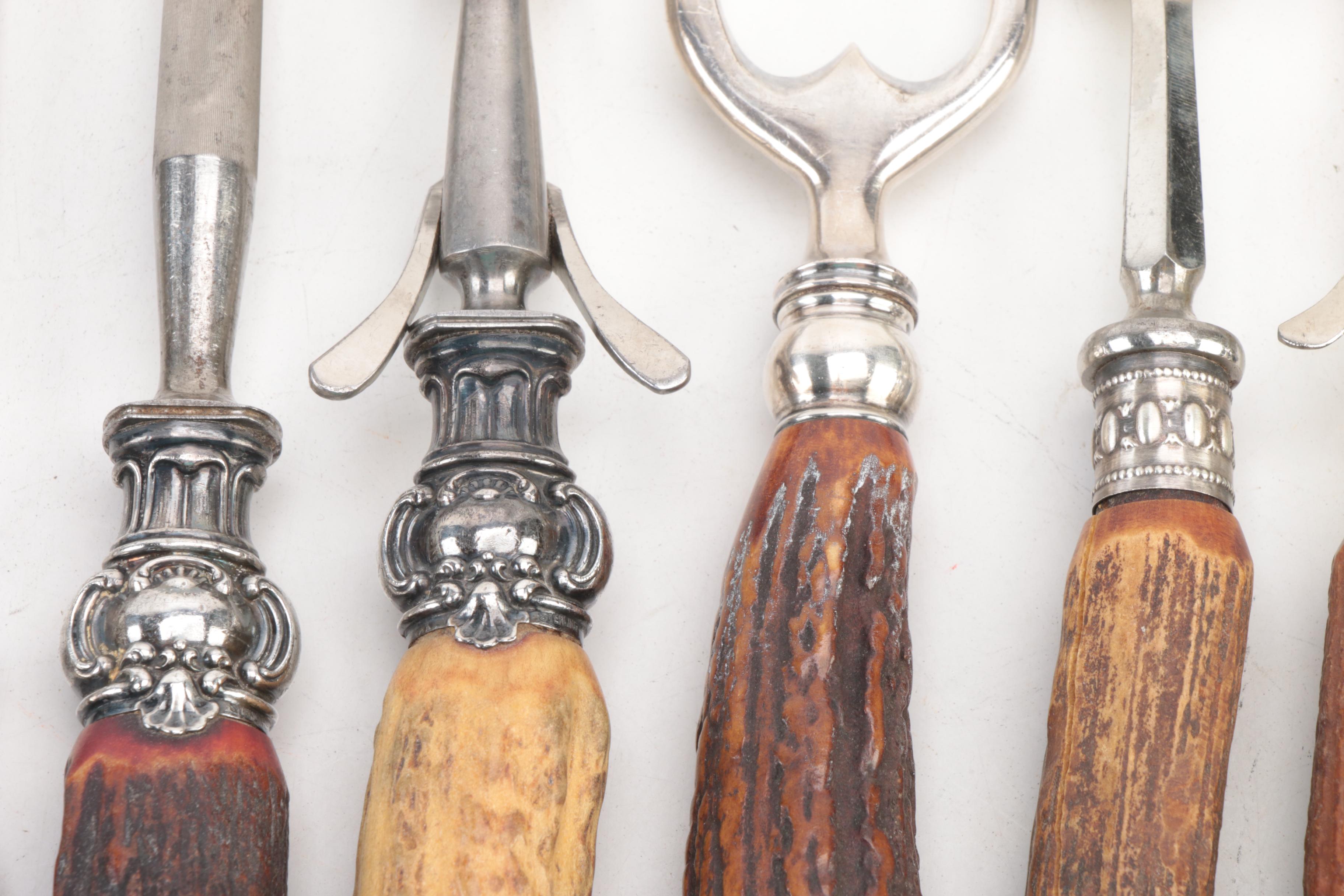 Antler Carving Forks and Sharpening Steel with Sterling Silver Collars