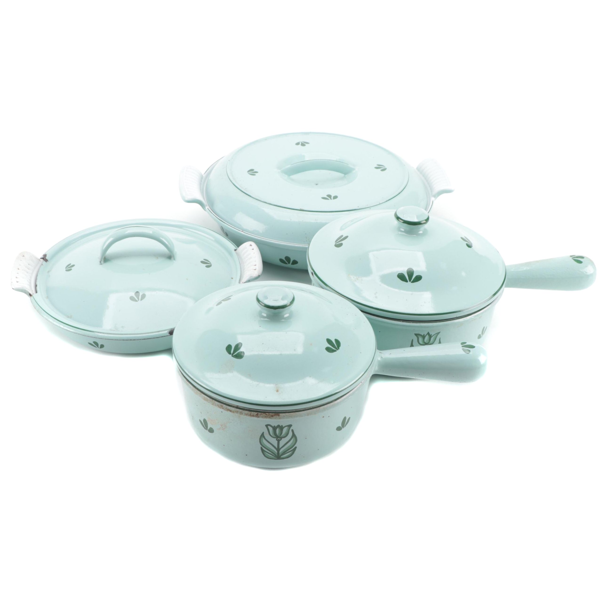 Dru of Holland Tulip Decorated Enameled Cast Iron Sauce Pans and Bakeware
