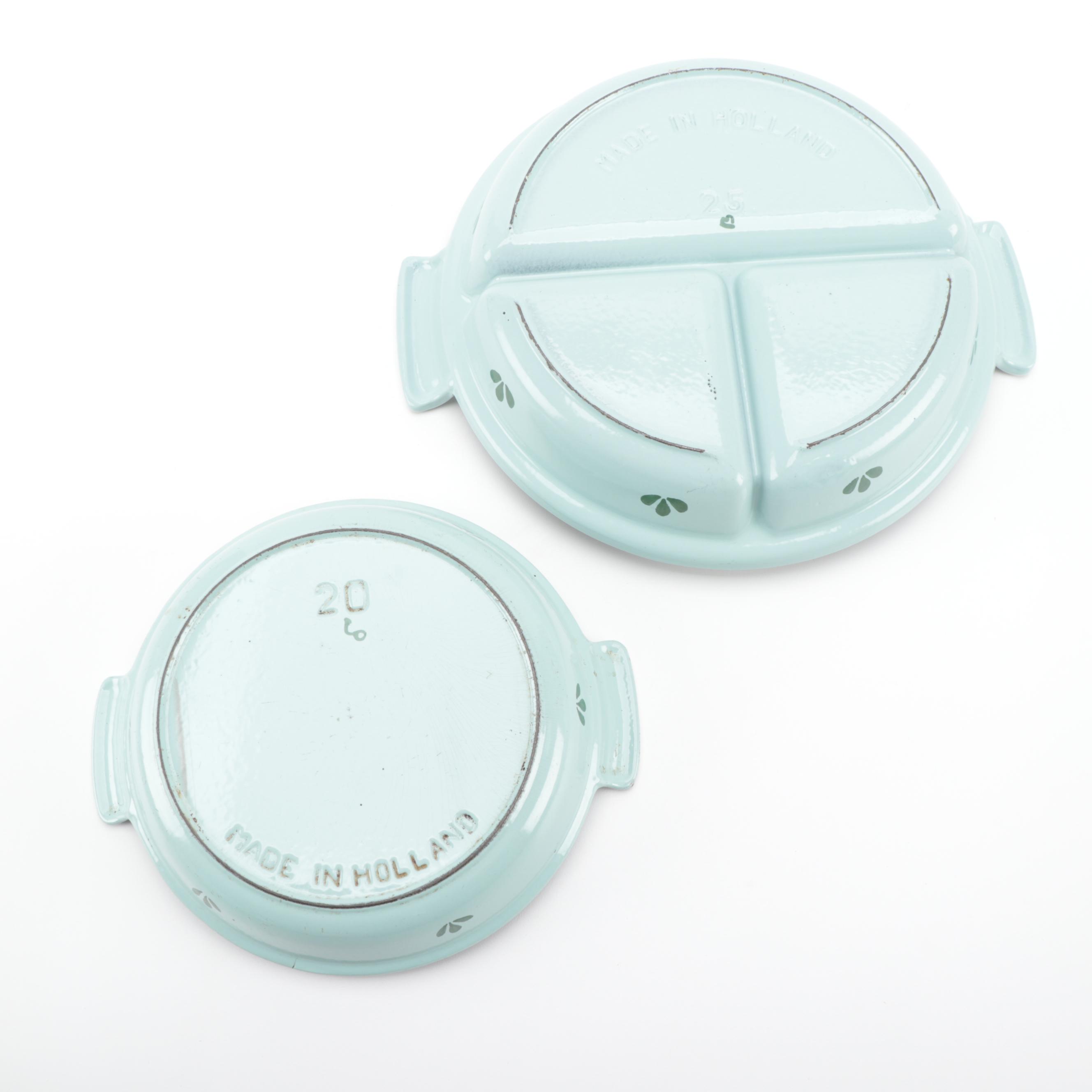 Dru of Holland Tulip Decorated Enameled Cast Iron Sauce Pans and Bakeware