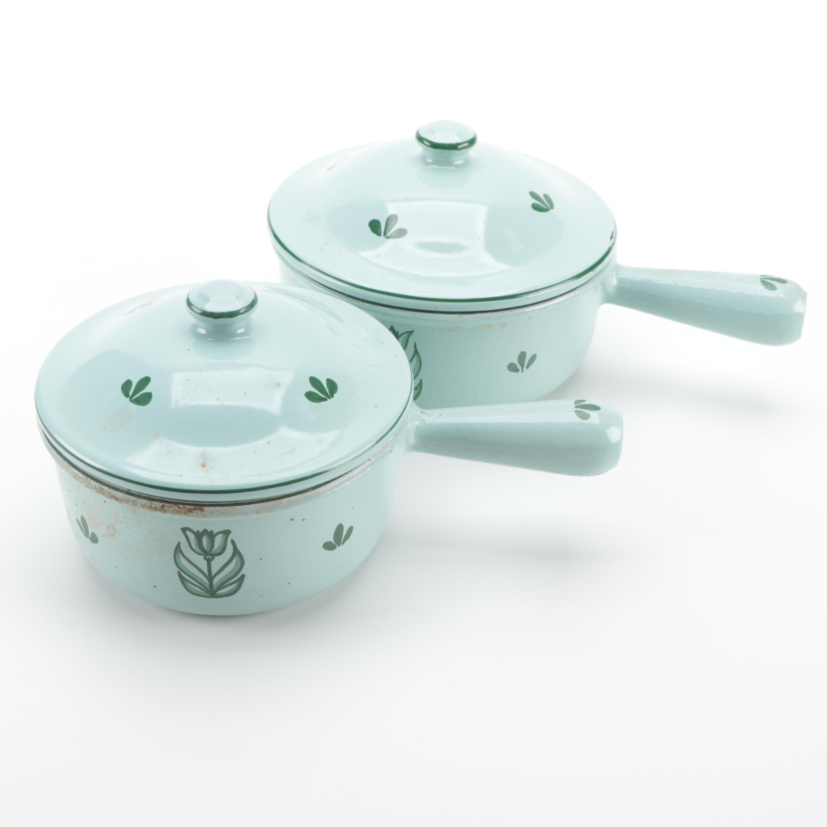 Dru of Holland Tulip Decorated Enameled Cast Iron Sauce Pans and Bakeware