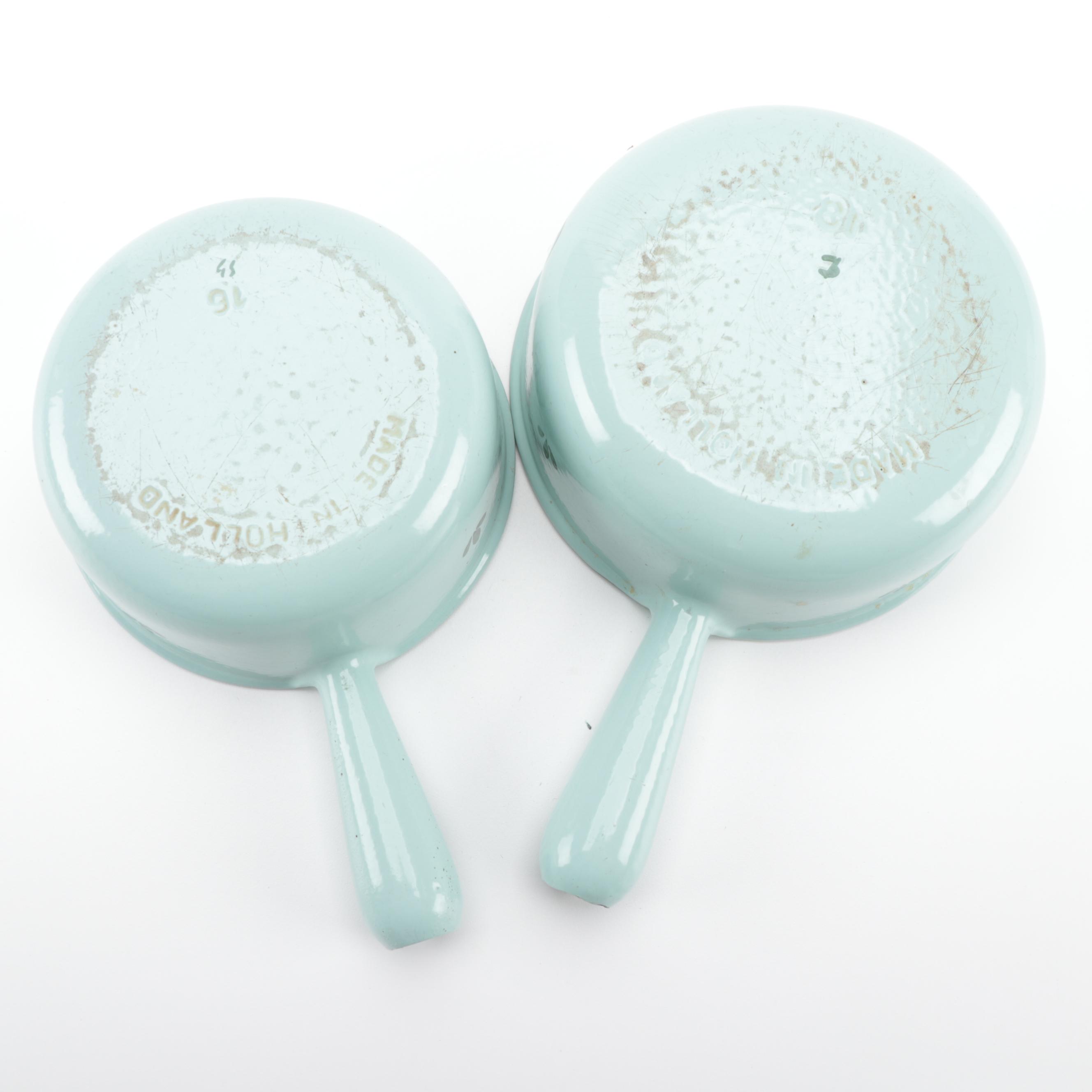 Dru of Holland Tulip Decorated Enameled Cast Iron Sauce Pans and Bakeware