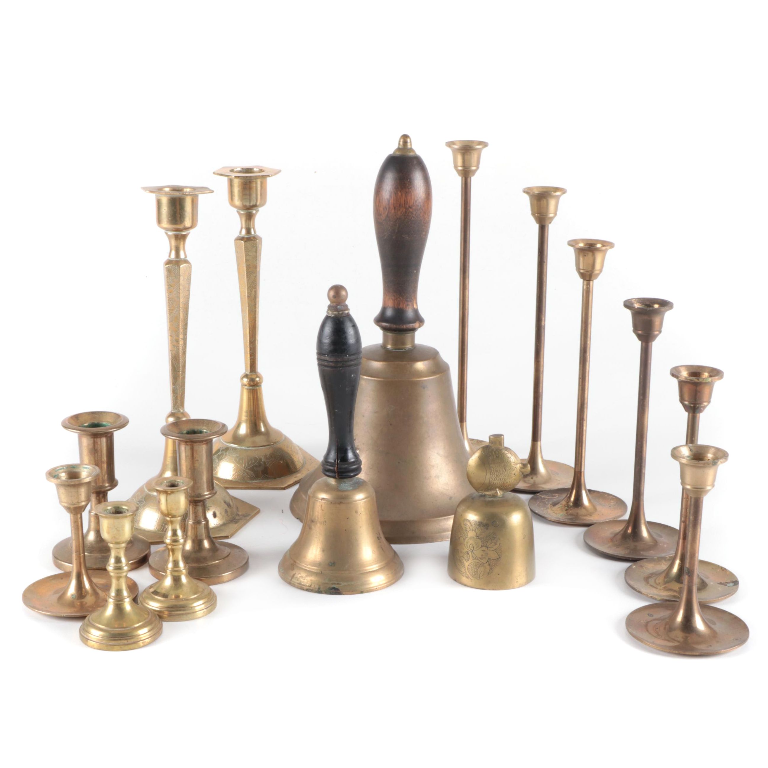 Brass Candlesticks and School or Dinner Bells