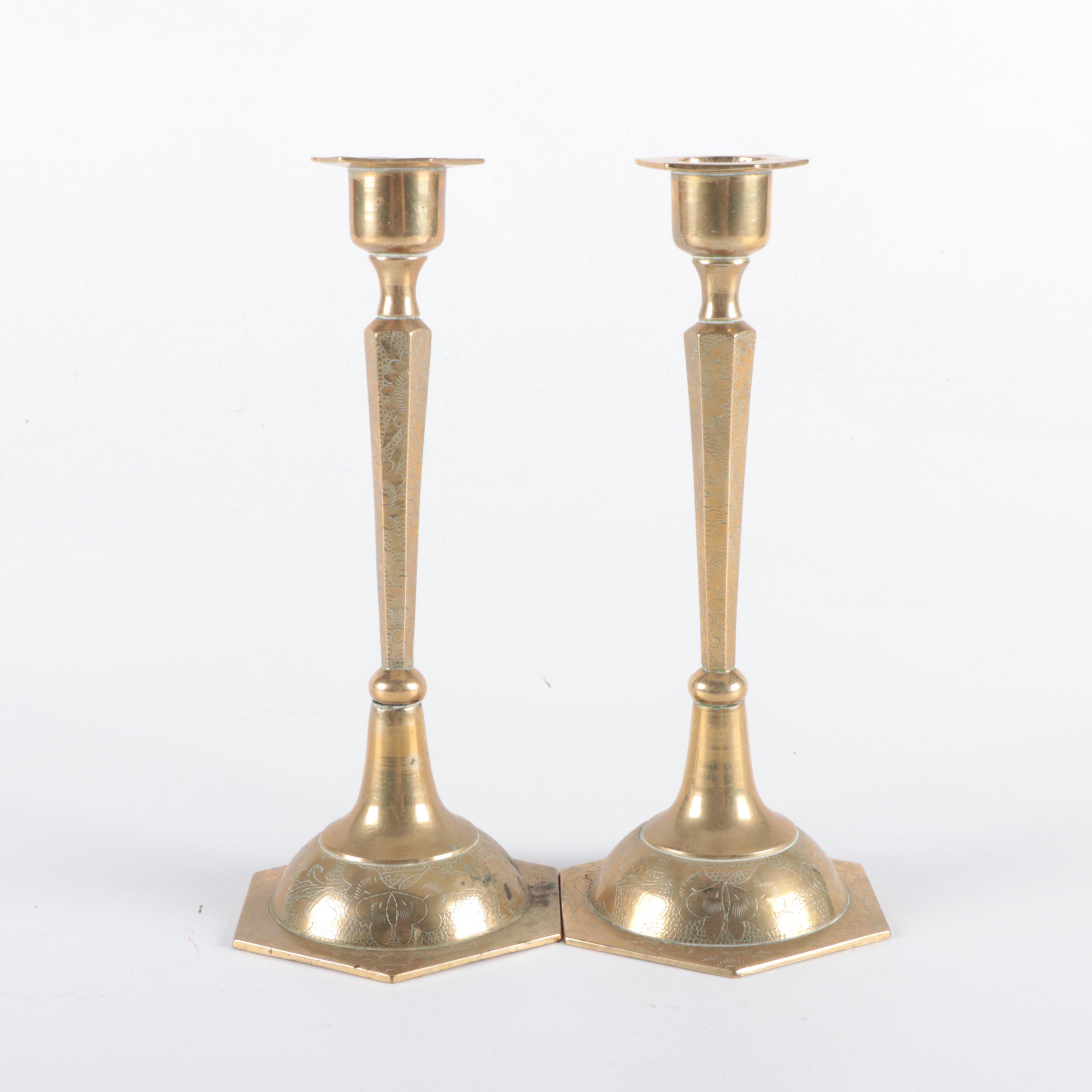 Brass Candlesticks and School or Dinner Bells