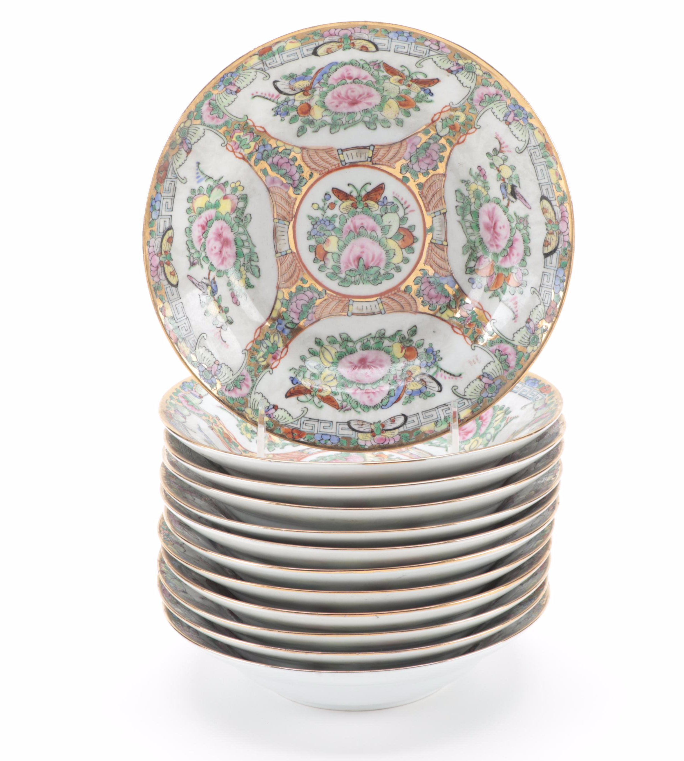 Chinese Rose Canton Porcelain Rice Bowls, Soup Bowls, and Spoons