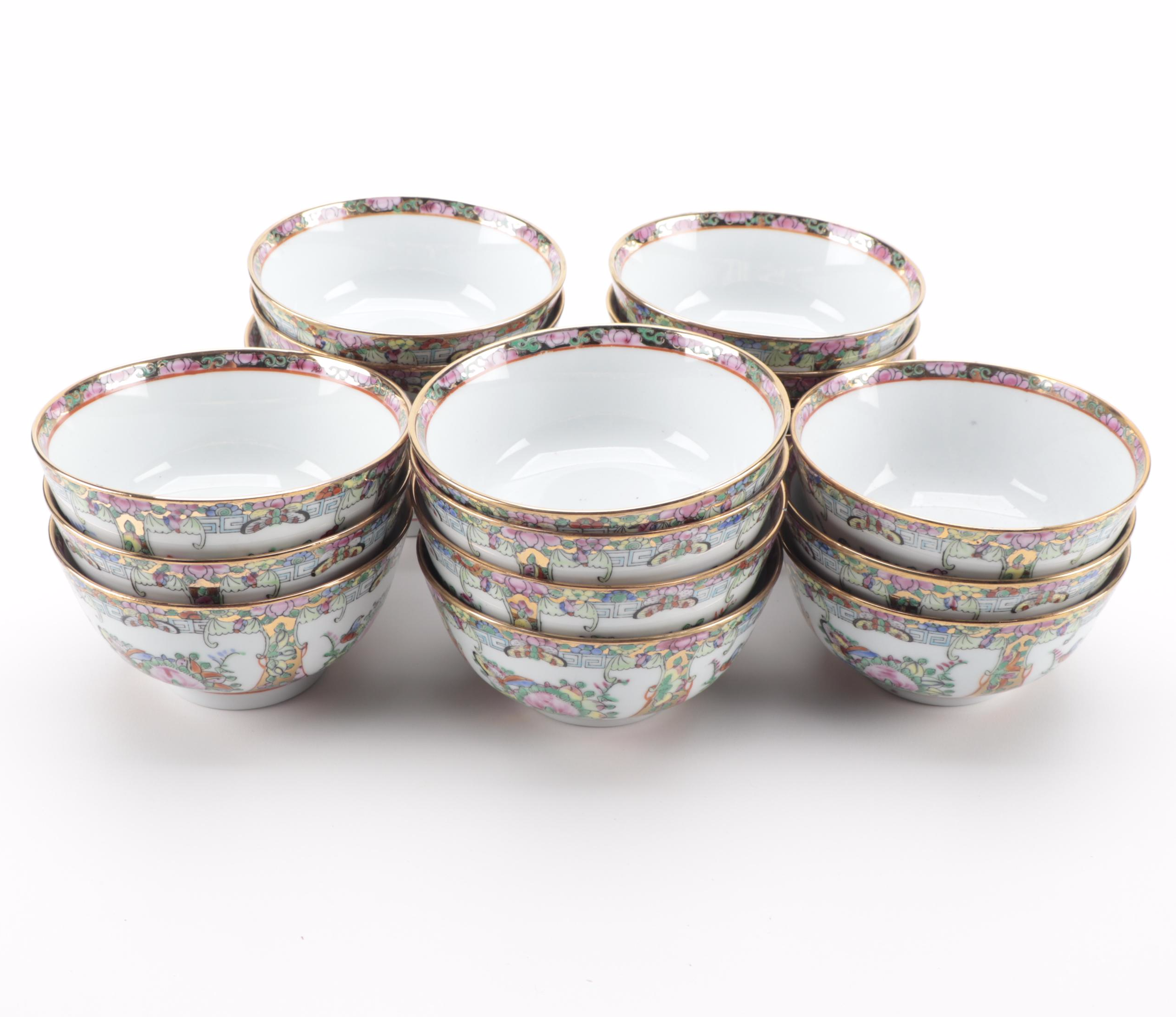 Chinese Rose Canton Porcelain Rice Bowls, Soup Bowls, and Spoons