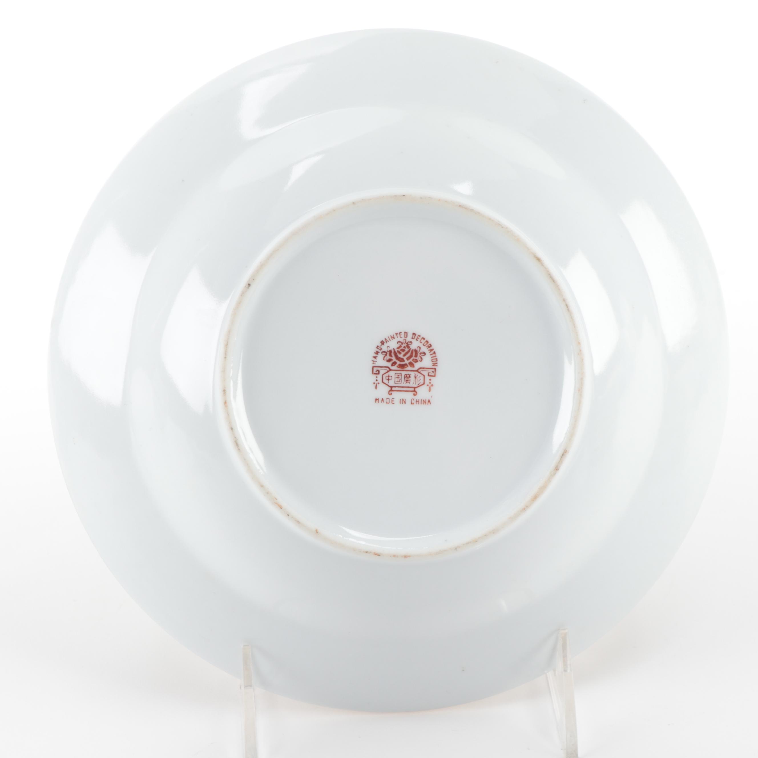 Chinese Rose Canton Porcelain Rice Bowls, Soup Bowls, and Spoons