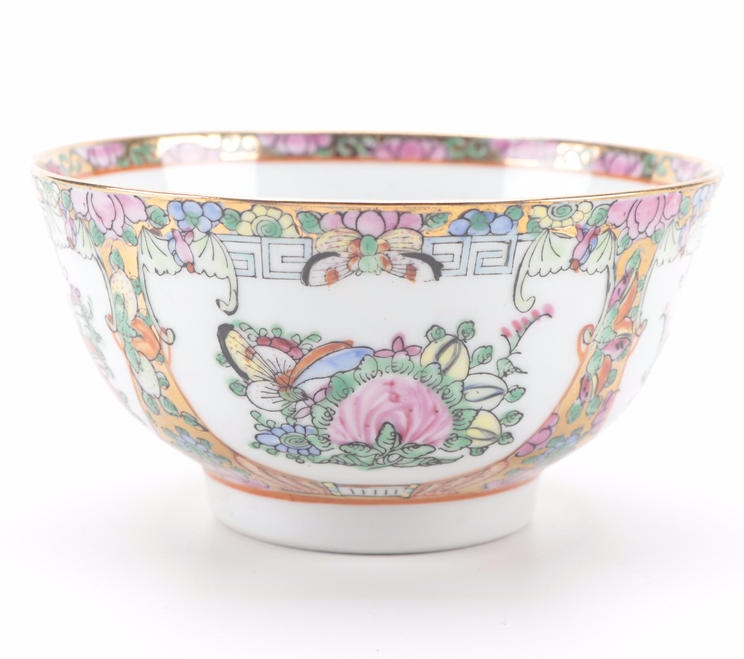 Chinese Rose Canton Porcelain Rice Bowls, Soup Bowls, and Spoons