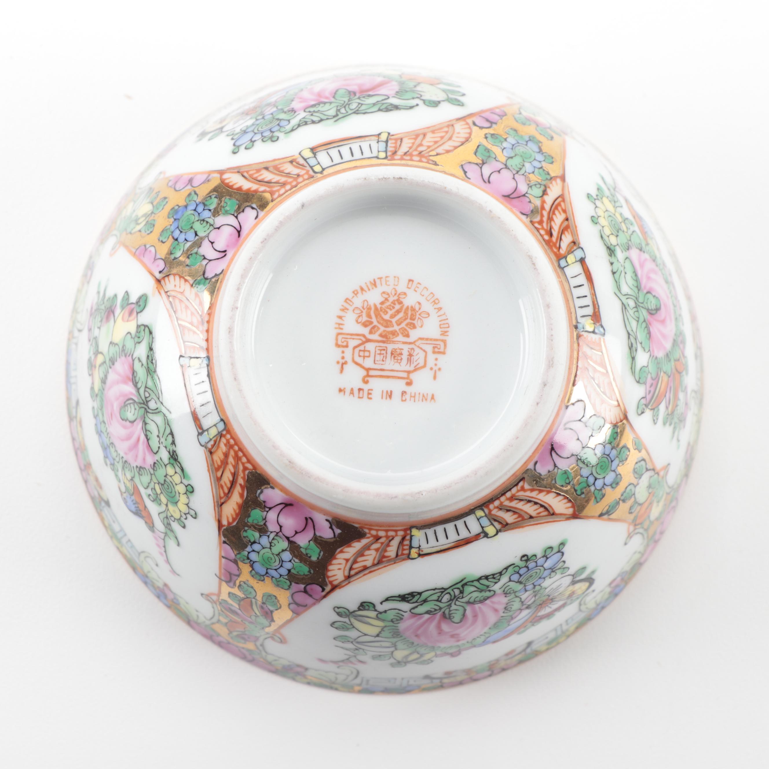 Chinese Rose Canton Porcelain Rice Bowls, Soup Bowls, and Spoons