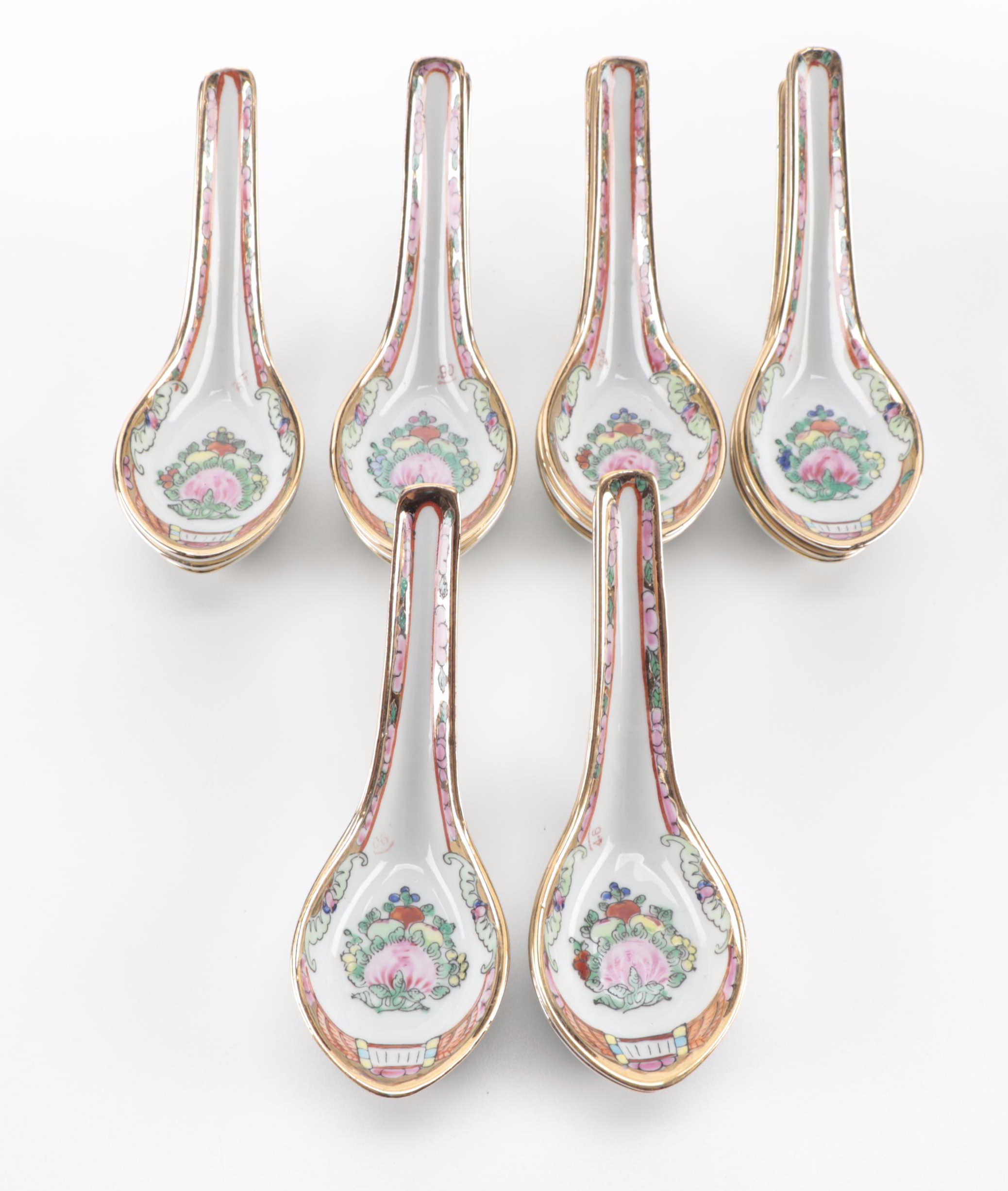 Chinese Rose Canton Porcelain Rice Bowls, Soup Bowls, and Spoons