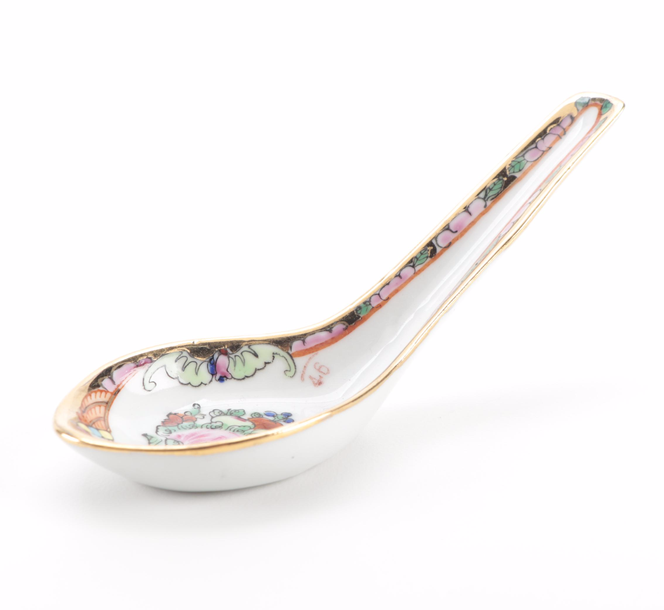 Chinese Rose Canton Porcelain Rice Bowls, Soup Bowls, and Spoons