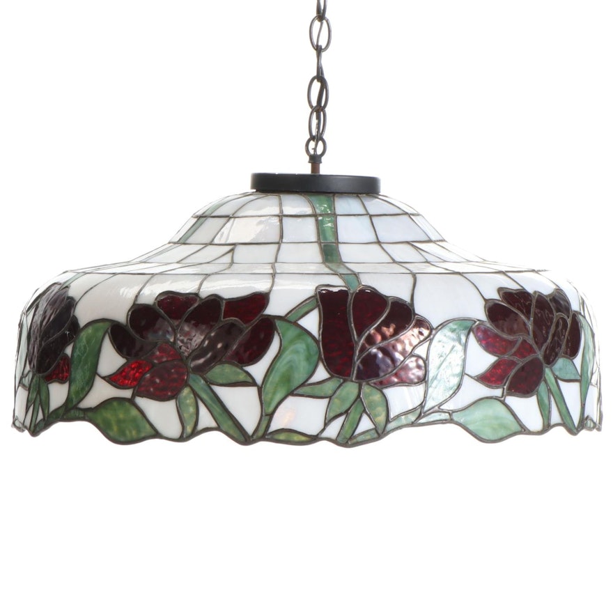 Art Nouveau Red Peonies Mosaic Glass Pendant Light