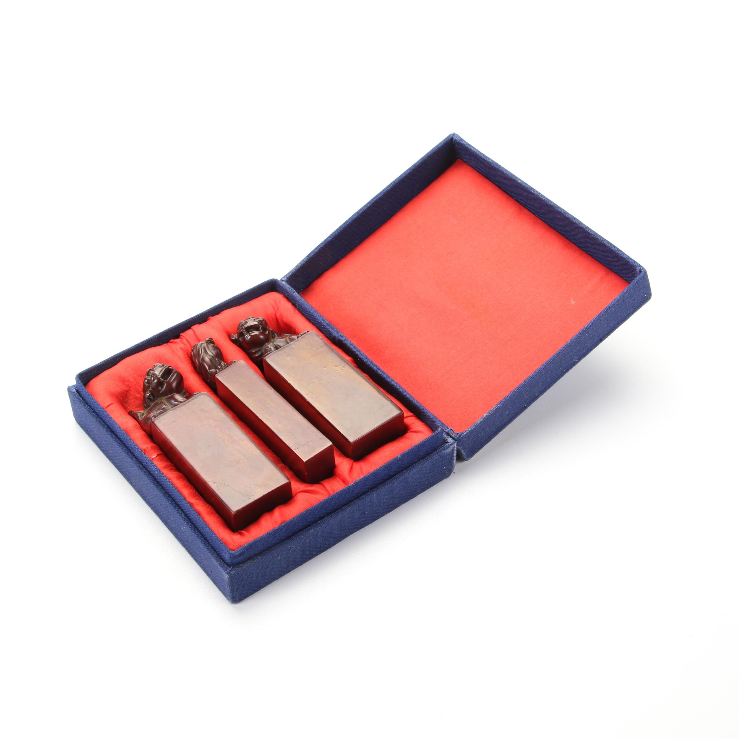 East Asian Style Carved Coated Serpentine Guardian Lion Chop Stamps