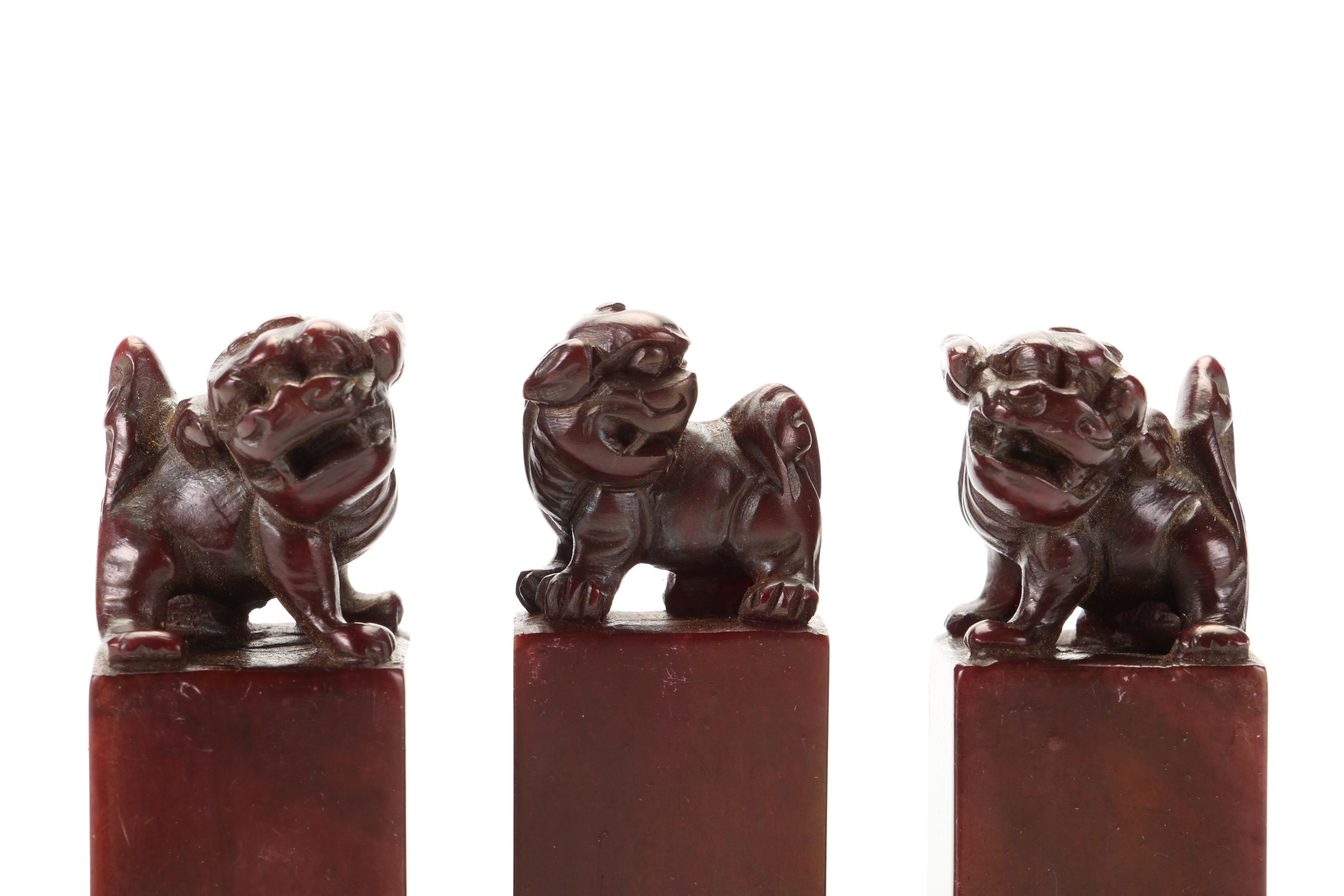East Asian Style Carved Coated Serpentine Guardian Lion Chop Stamps