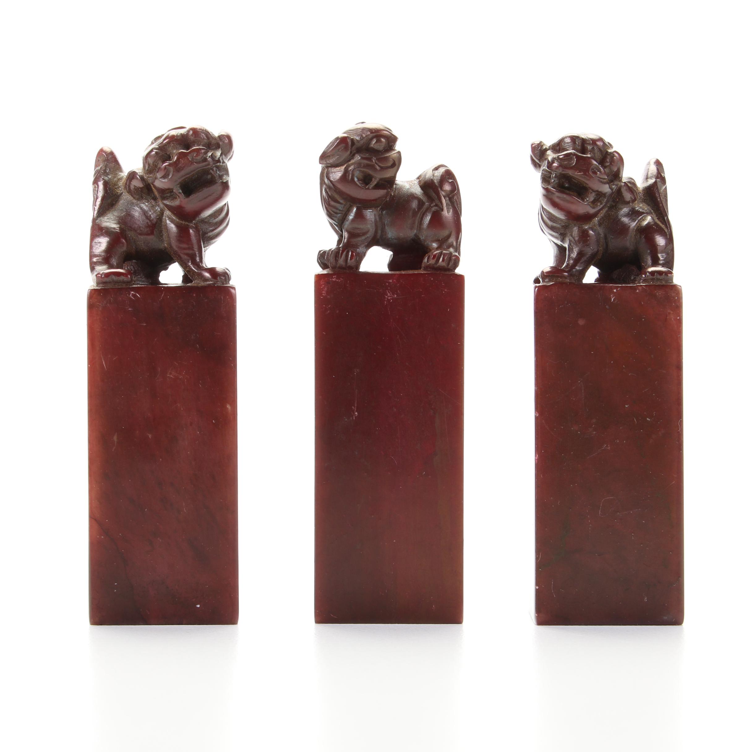 East Asian Style Carved Coated Serpentine Guardian Lion Chop Stamps