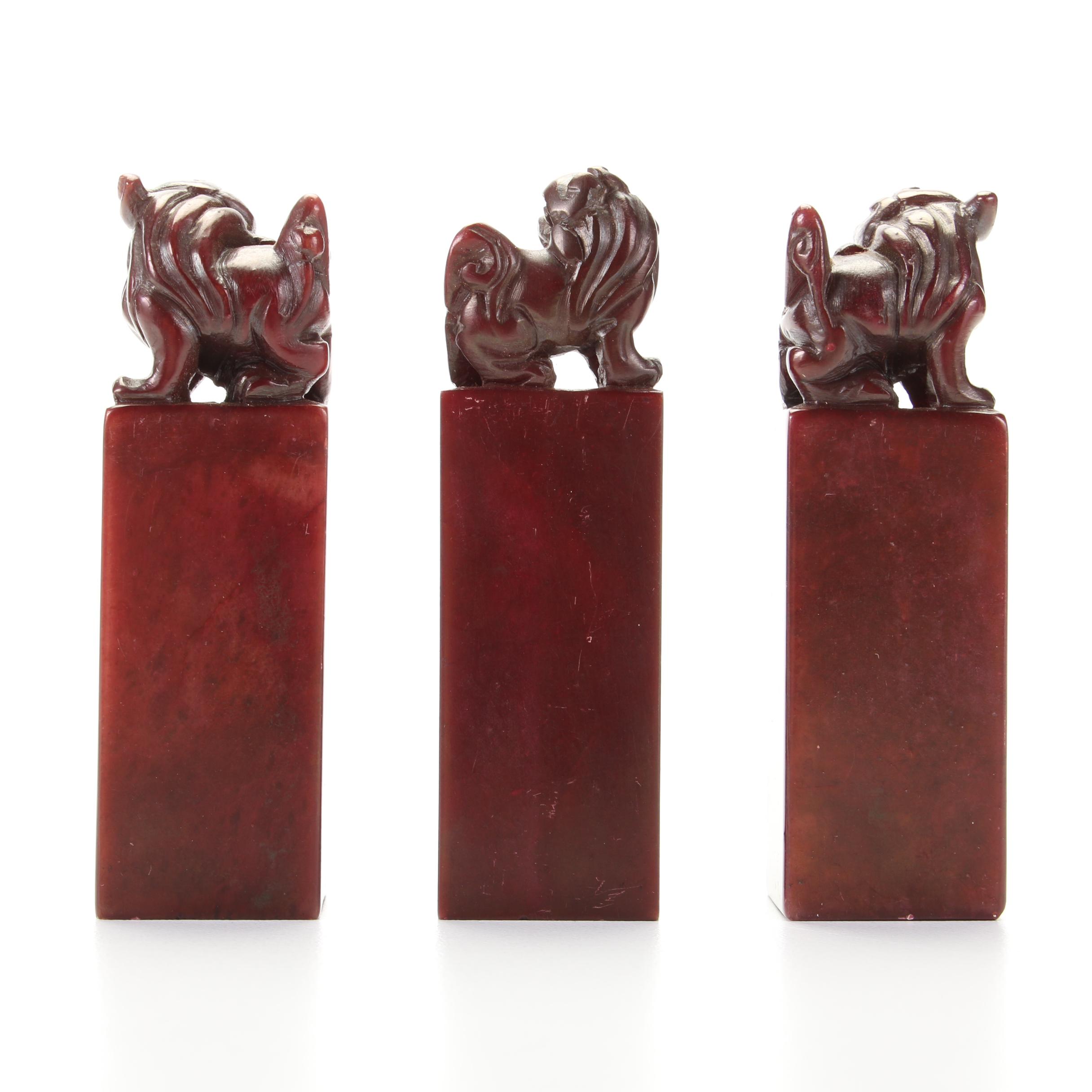 East Asian Style Carved Coated Serpentine Guardian Lion Chop Stamps