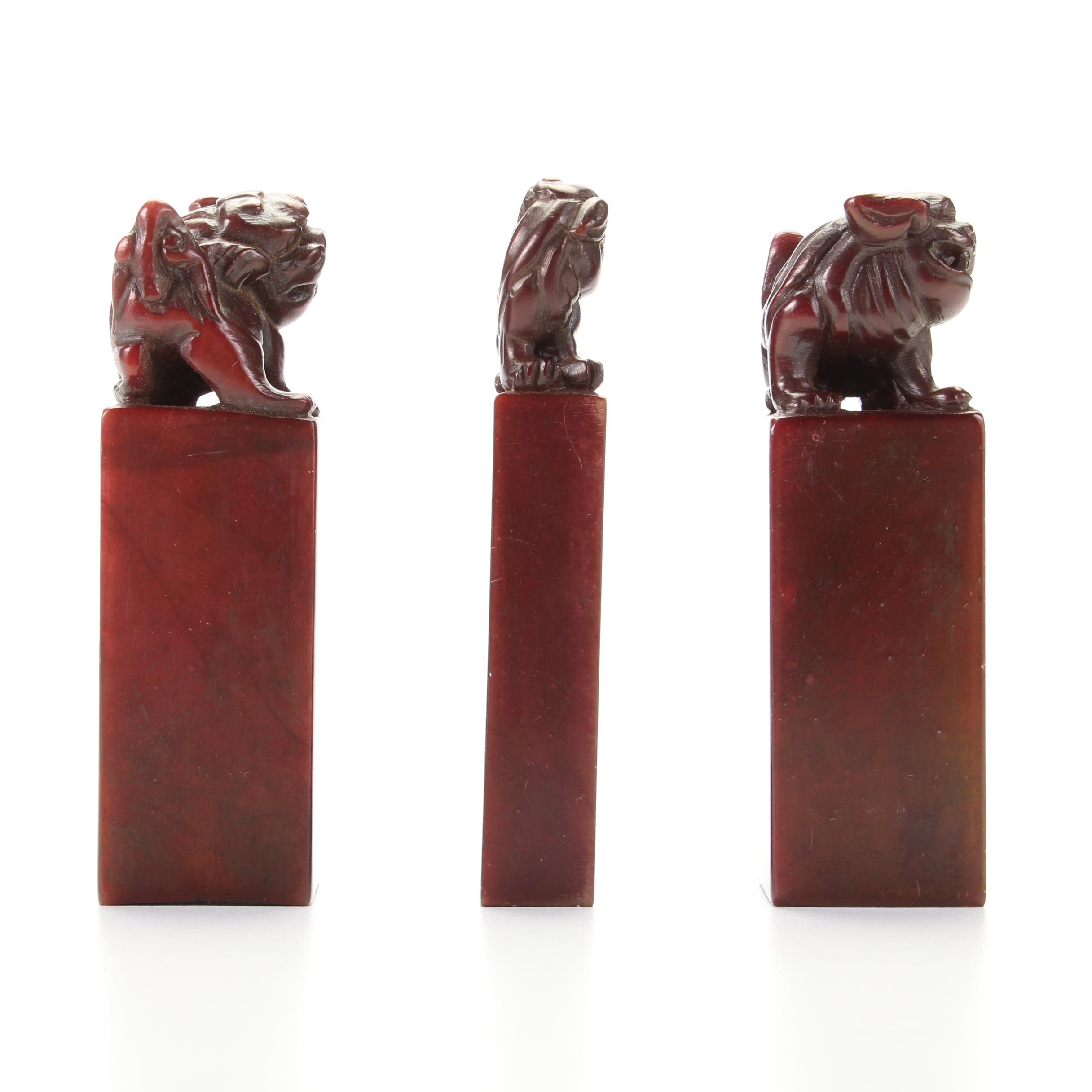 East Asian Style Carved Coated Serpentine Guardian Lion Chop Stamps