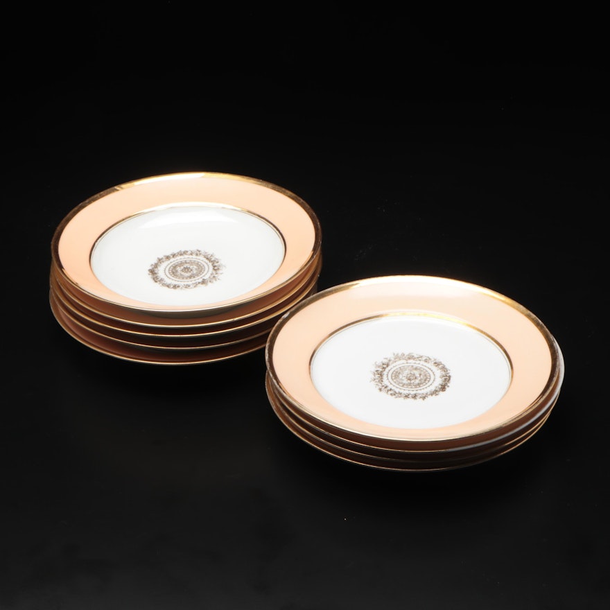 European Peach and Gilt Rimmed Porcelain Dinner Plates with Floral Medallion