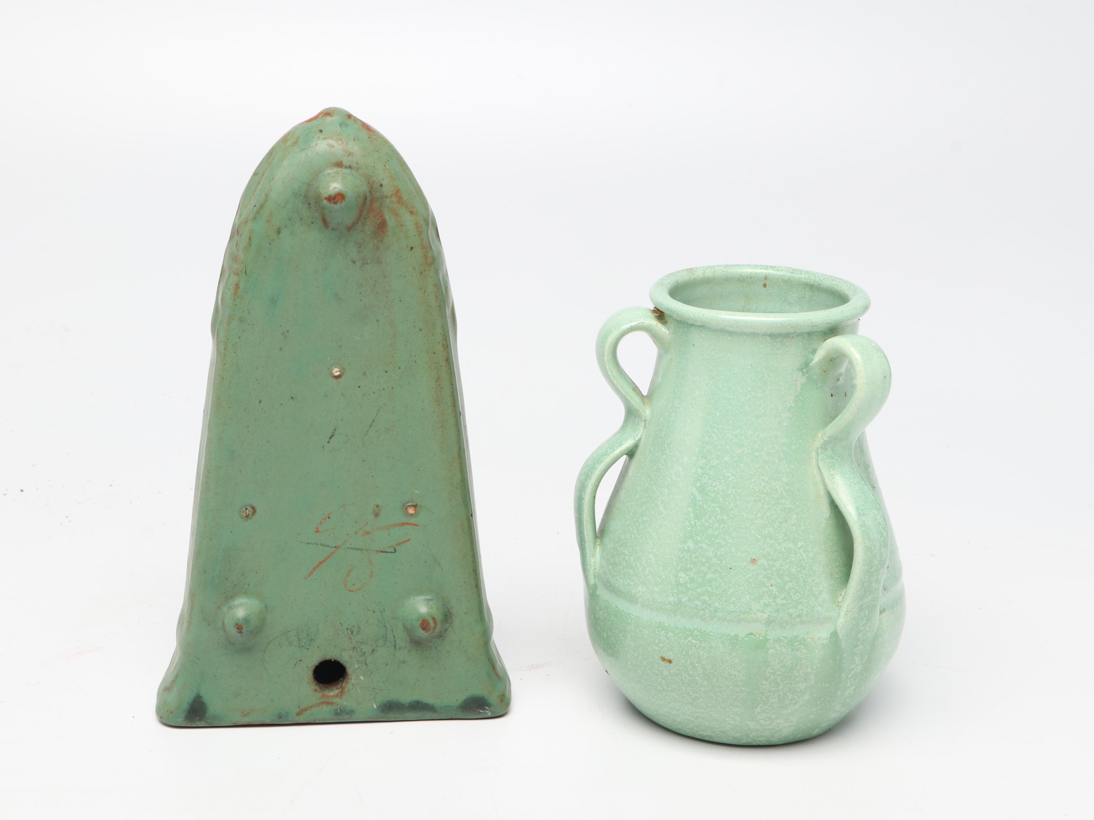 Green-Glazed Ceramic Planters, Wall Pocket and Urn