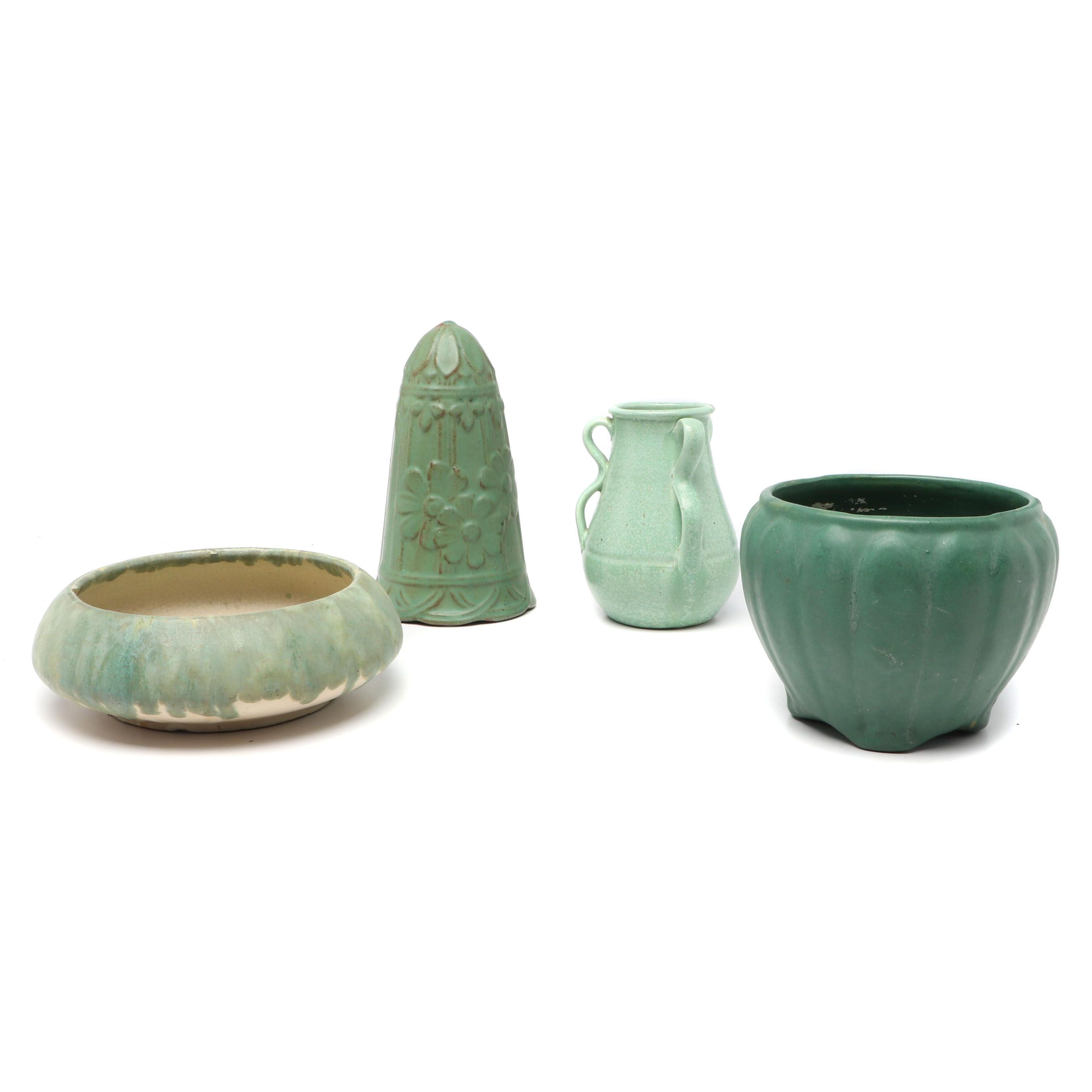 Green-Glazed Ceramic Planters, Wall Pocket and Urn
