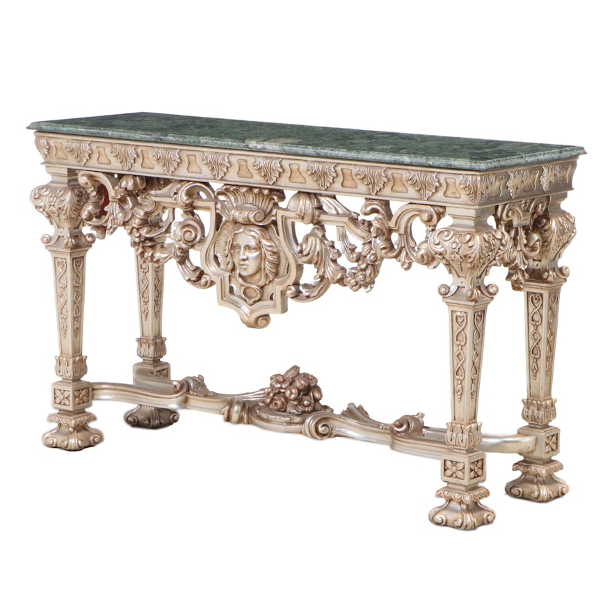 Baroque Style Green Marble and Silver Leaf Console Table