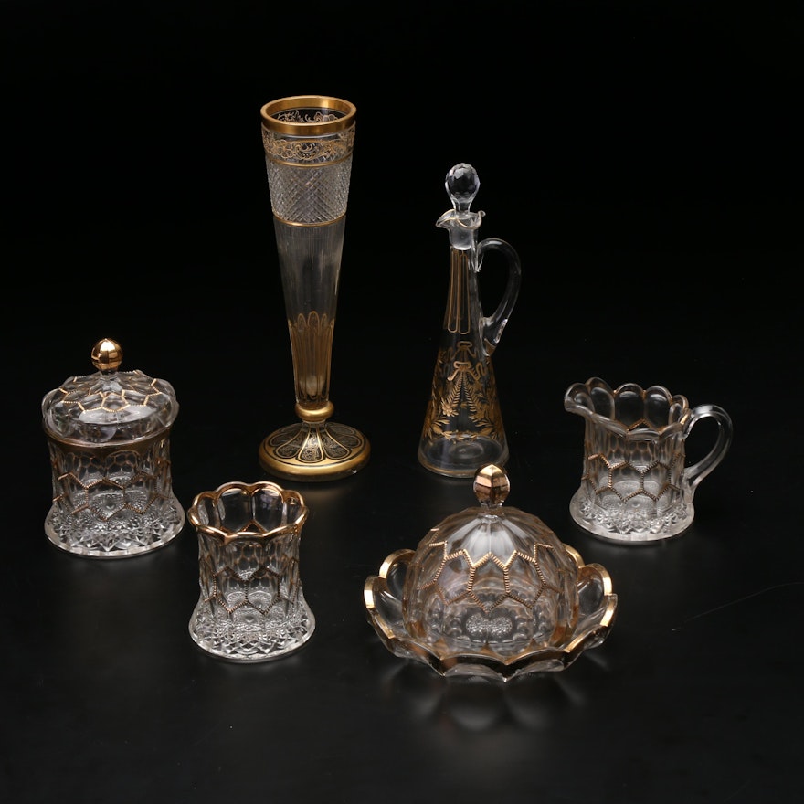 - EAPG Stiemer "Diamond" Tableware and Bohemian Gilt Enameled Vase and Cruet
