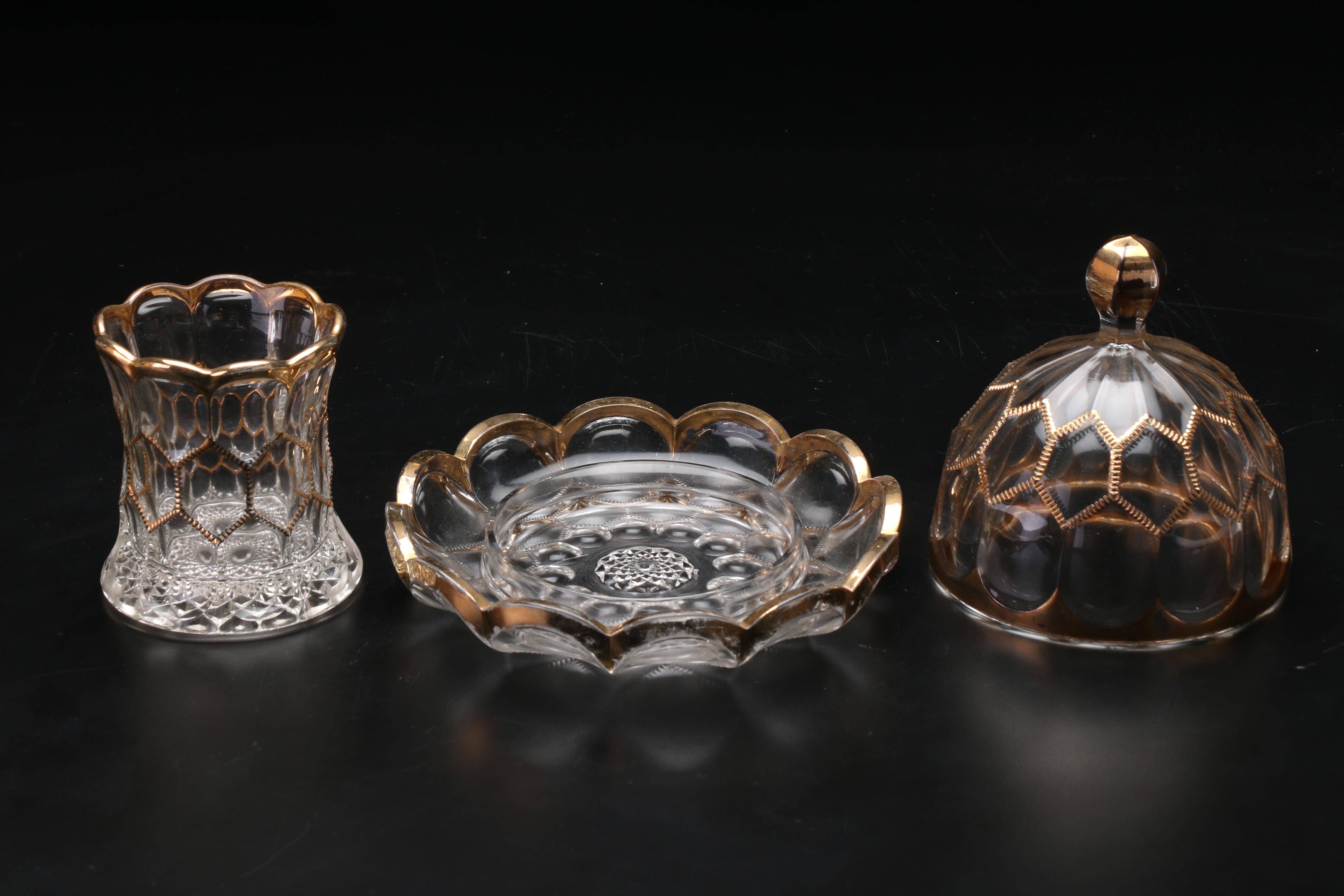 - EAPG Stiemer "Diamond" Tableware and Bohemian Gilt Enameled Vase and Cruet