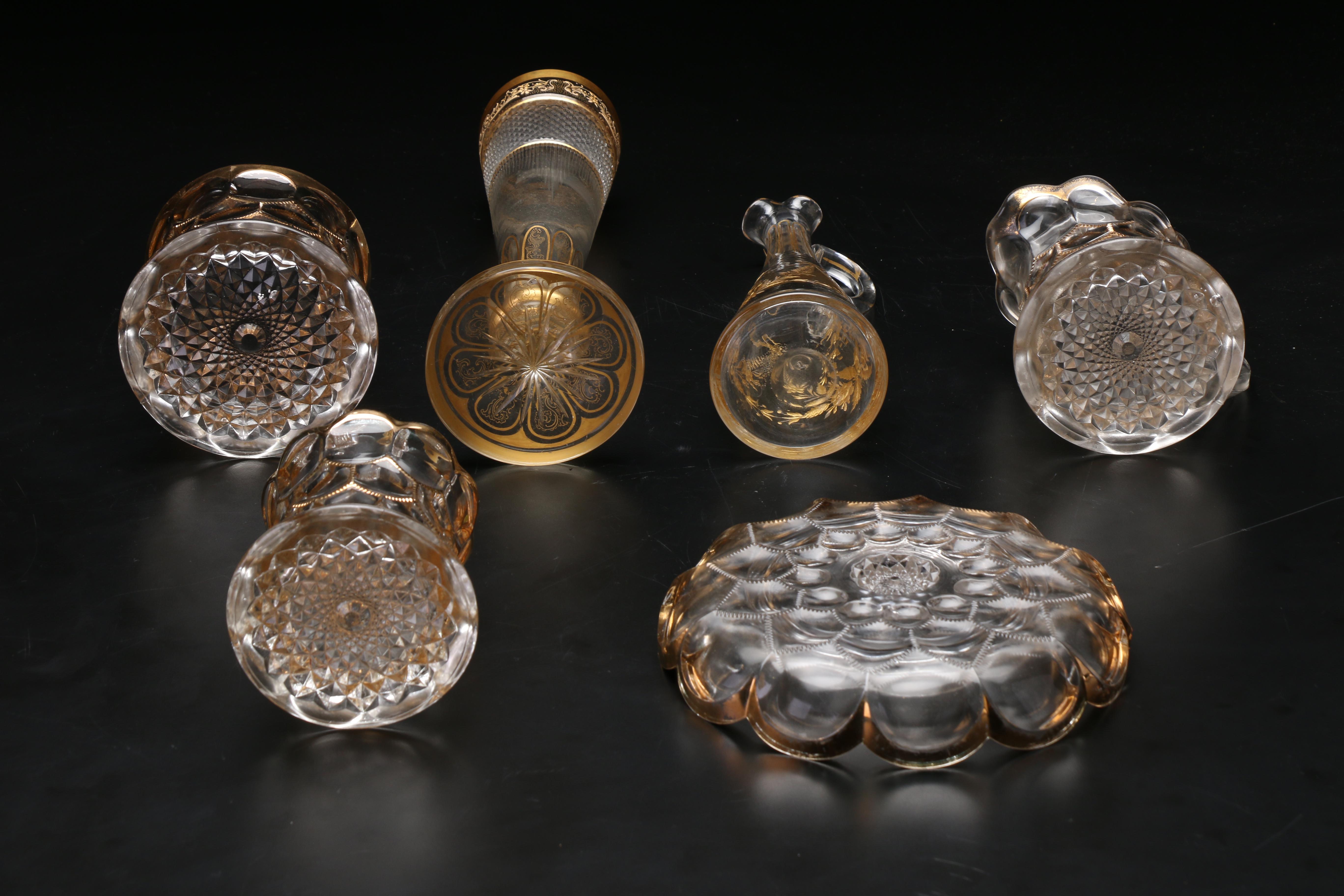 - EAPG Stiemer "Diamond" Tableware and Bohemian Gilt Enameled Vase and Cruet