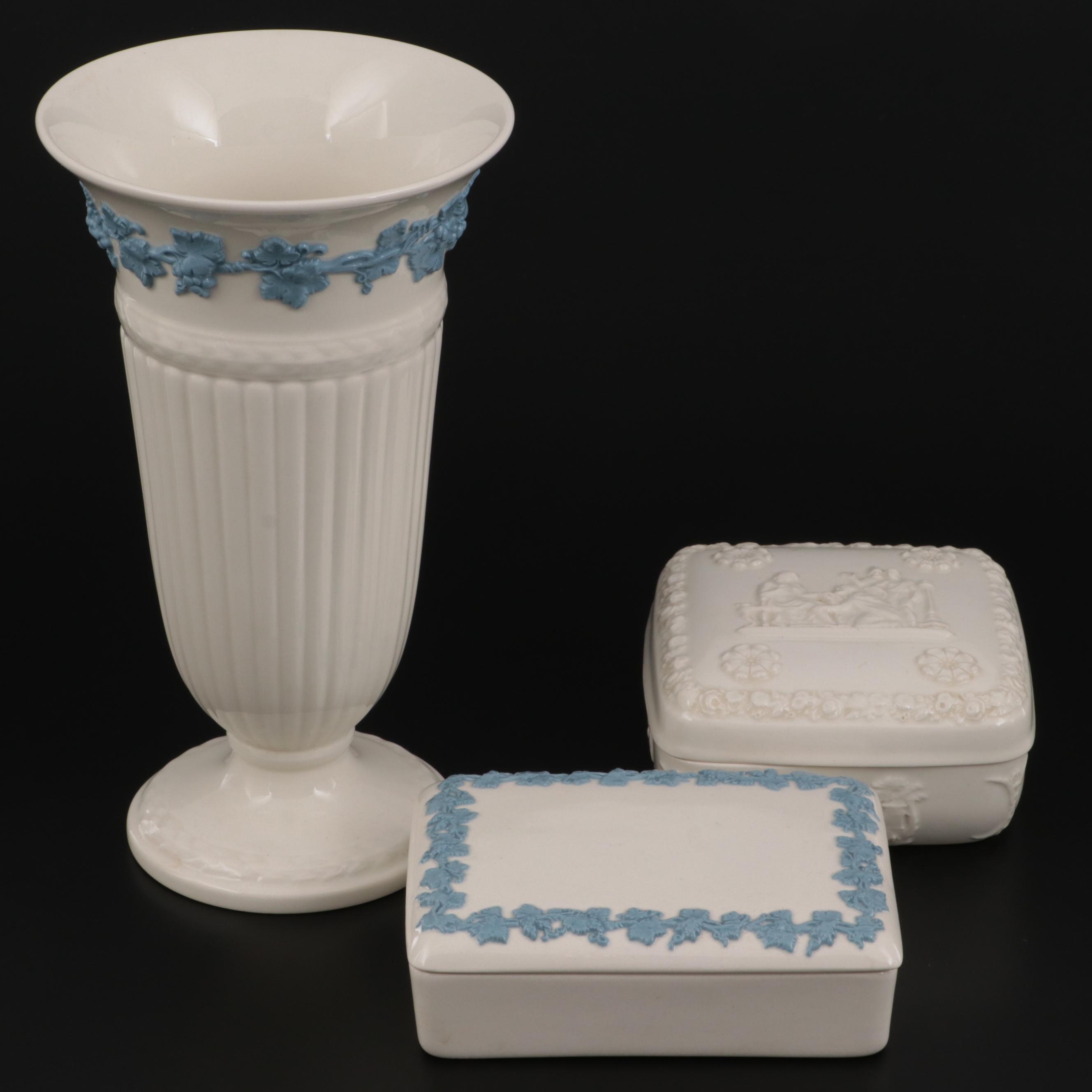 Wedgwood of Etruria & Barlaston Embossed Queensware Vase and Vanity Boxes