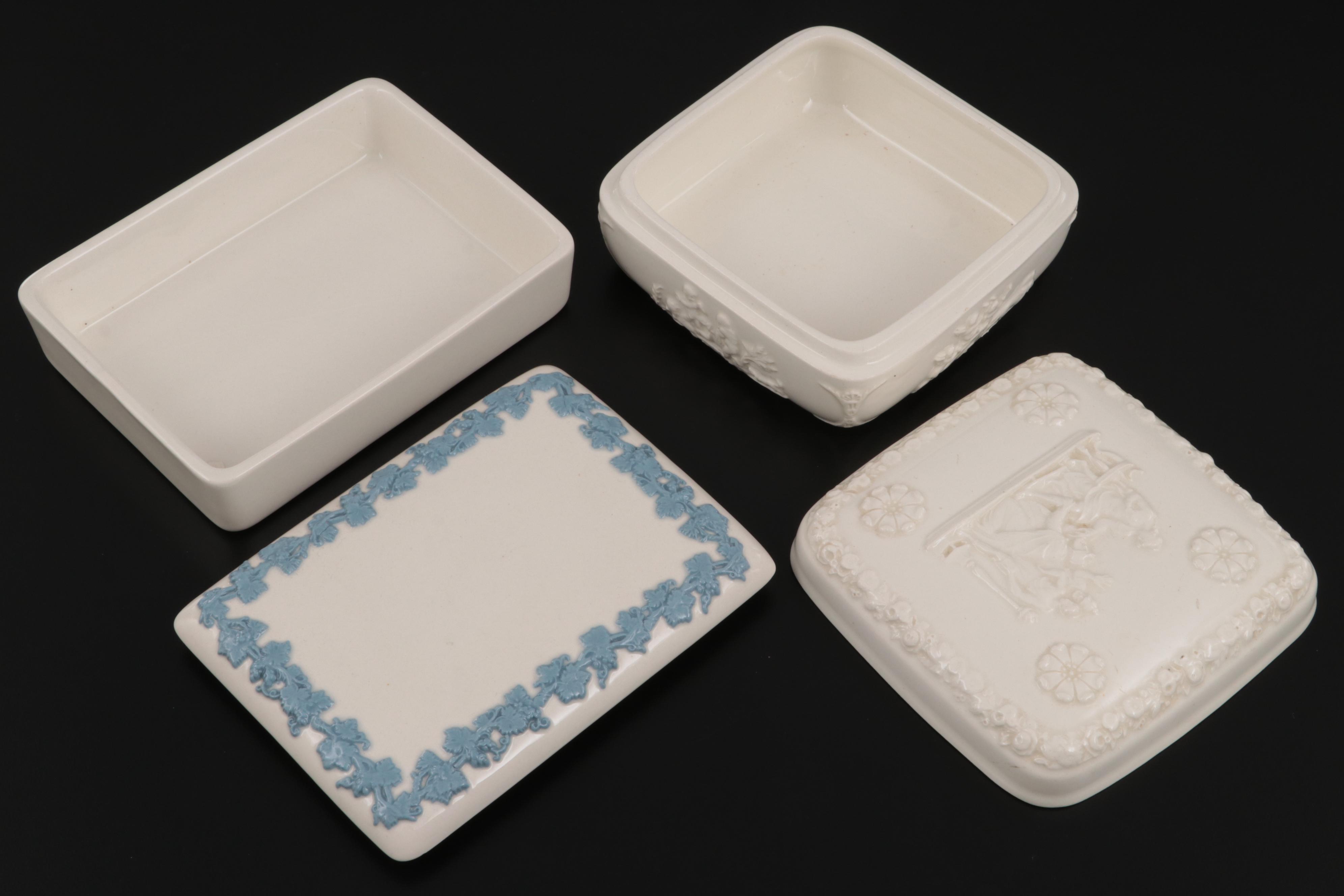 Wedgwood of Etruria & Barlaston Embossed Queensware Vase and Vanity Boxes