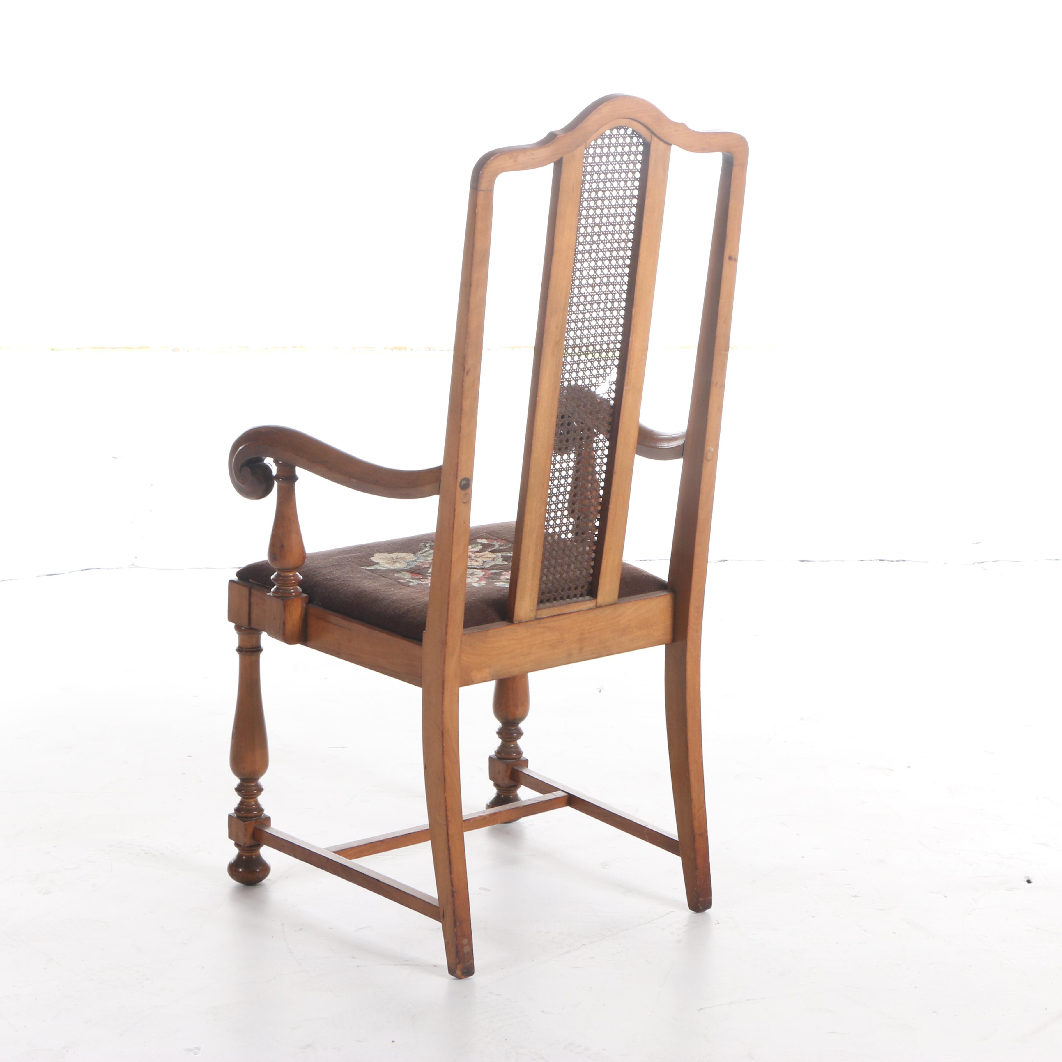 Five Jacobean Revival Walnut Dining Chairs with Needlepoint-Upholstered Seats