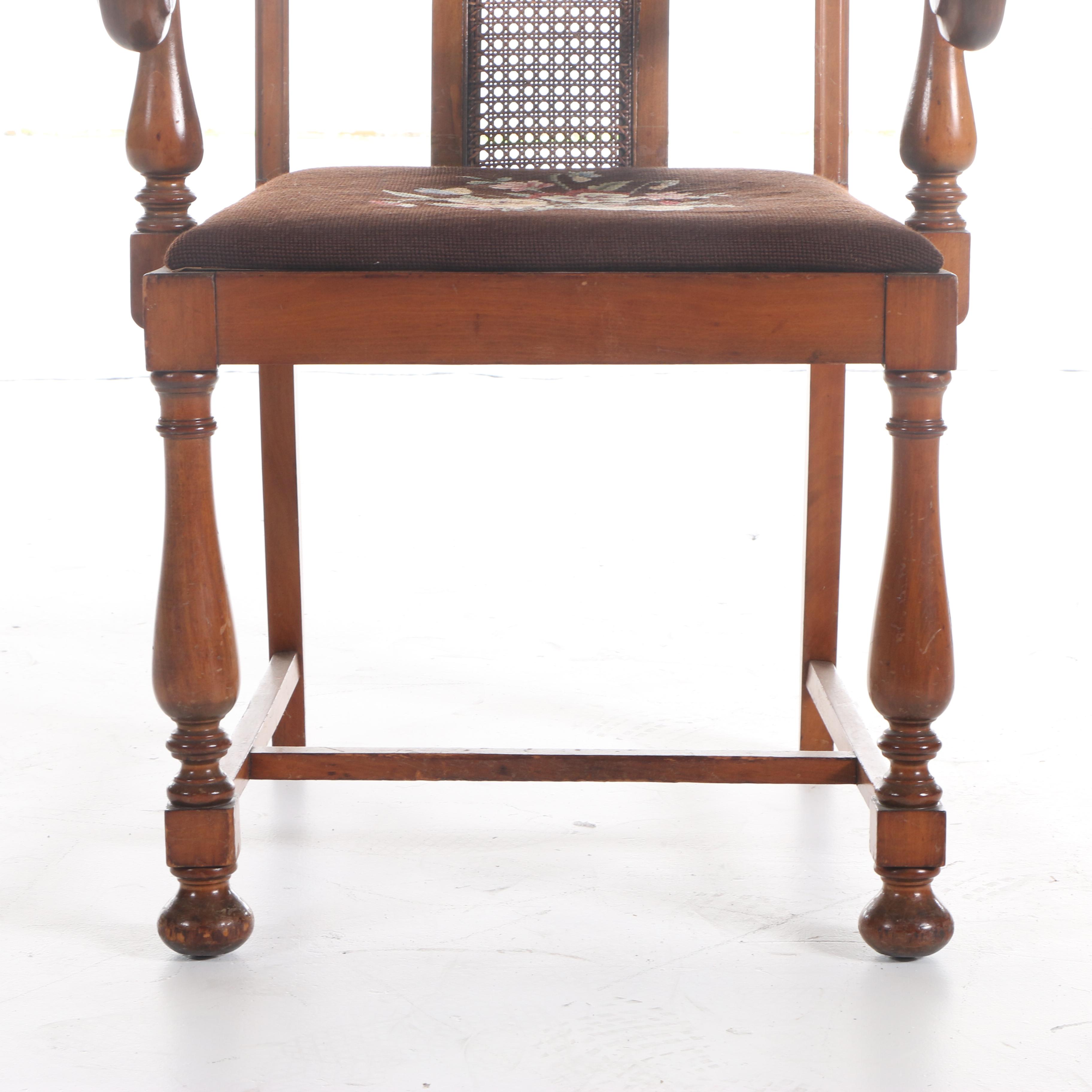 Five Jacobean Revival Walnut Dining Chairs with Needlepoint-Upholstered Seats