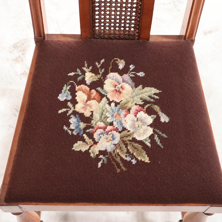 Five Jacobean Revival Walnut Dining Chairs with Needlepoint-Upholstered Seats