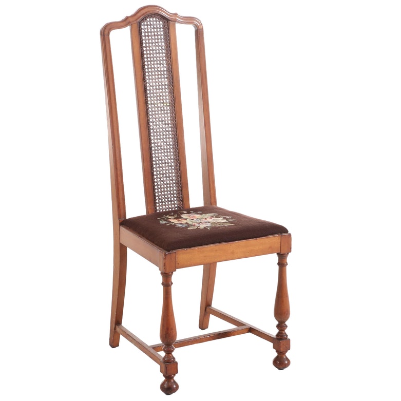 Five Jacobean Revival Walnut Dining Chairs with Needlepoint-Upholstered Seats