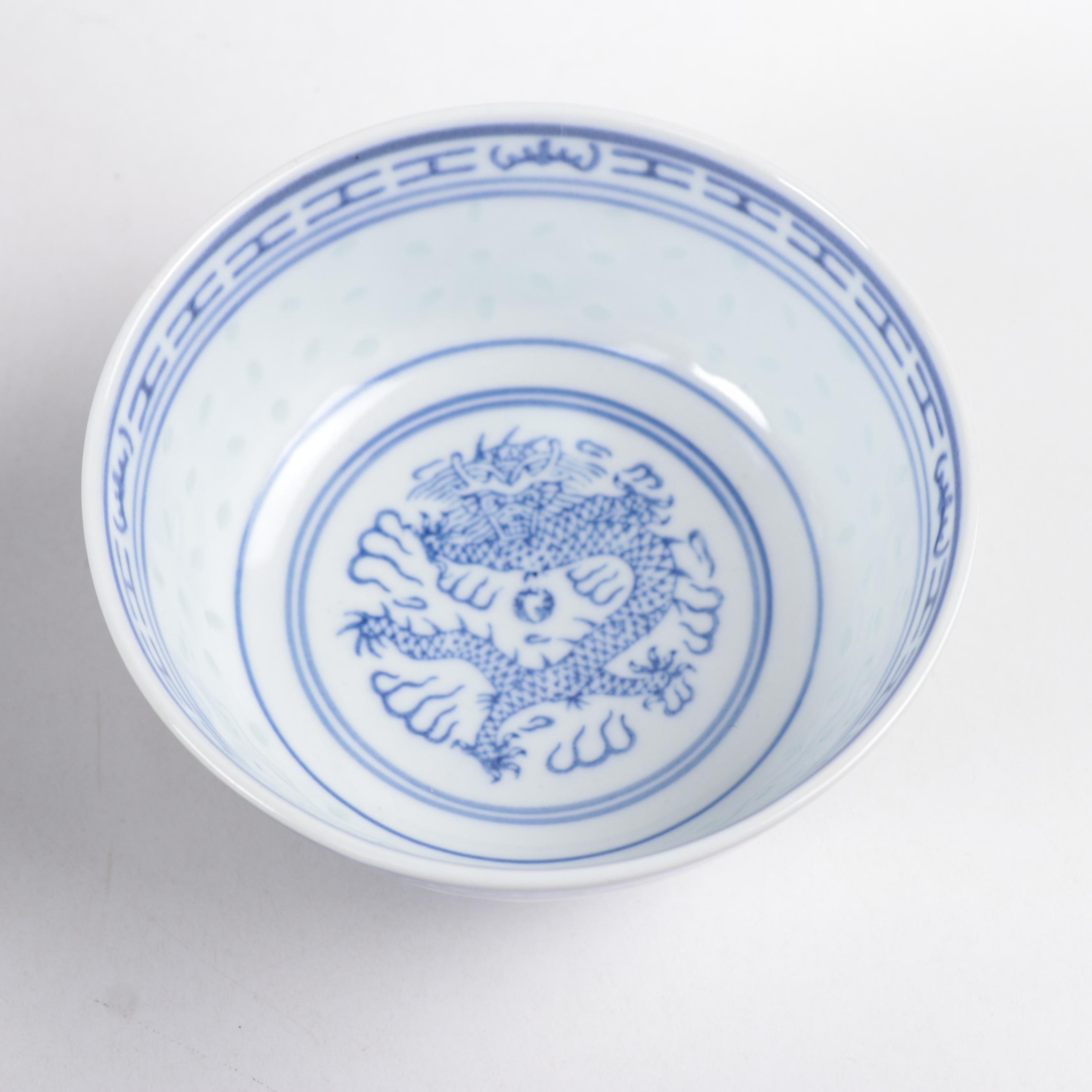 Chinese Porcelain Blue and White Rice Grain Tableware, Late 20th Century
