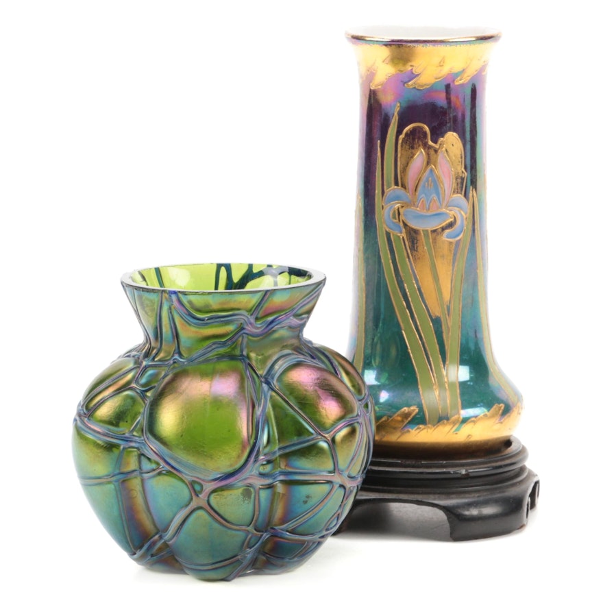 Gebruder Heubach Iridescent Porcelain and  Kralik Style Trailing Glass Vases