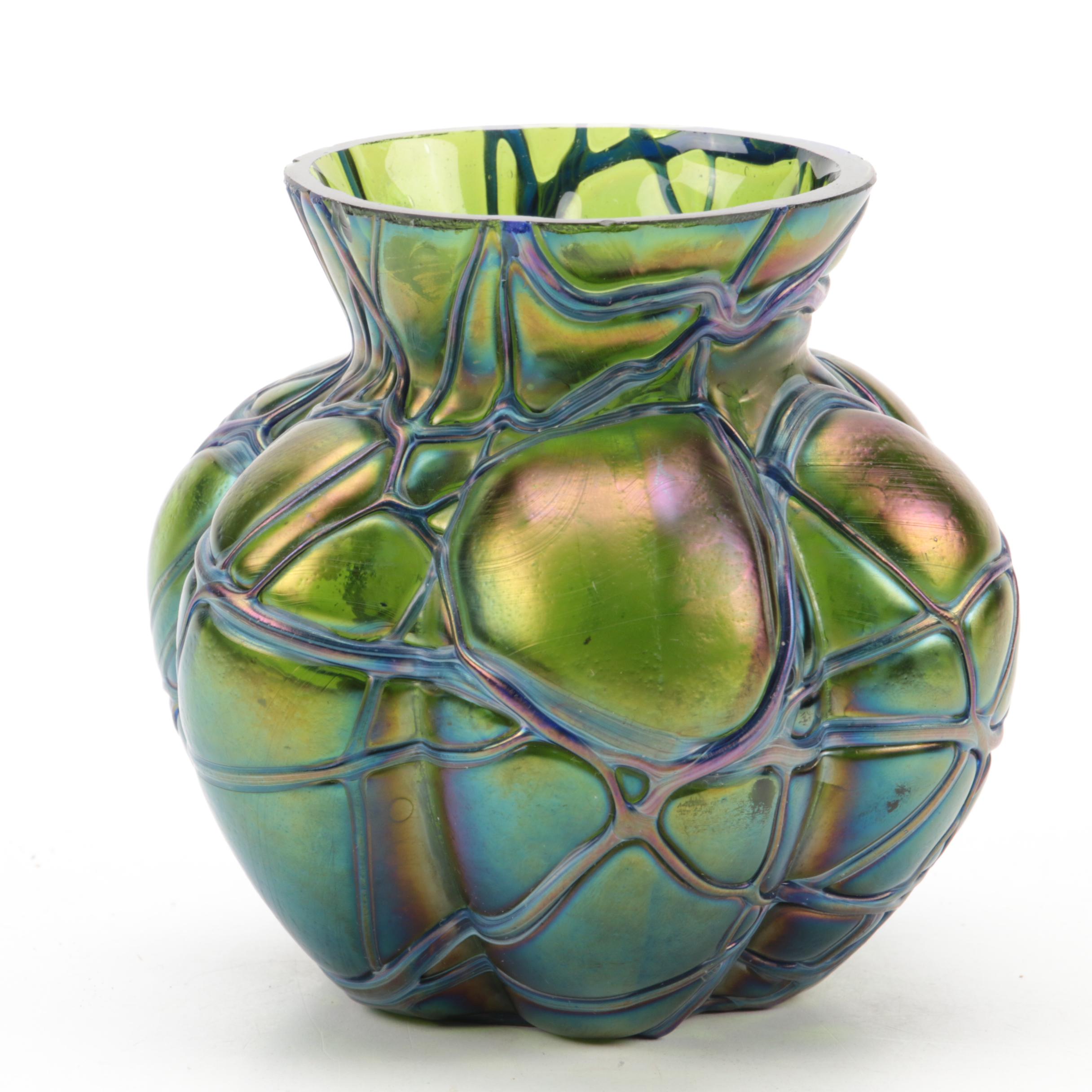 Gebruder Heubach Iridescent Porcelain and  Kralik Style Trailing Glass Vases