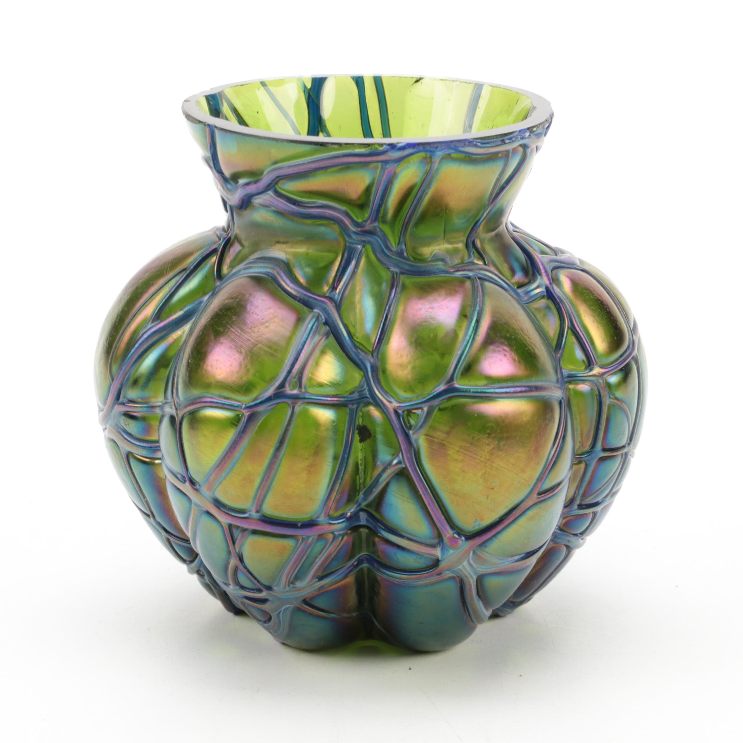 Gebruder Heubach Iridescent Porcelain and  Kralik Style Trailing Glass Vases