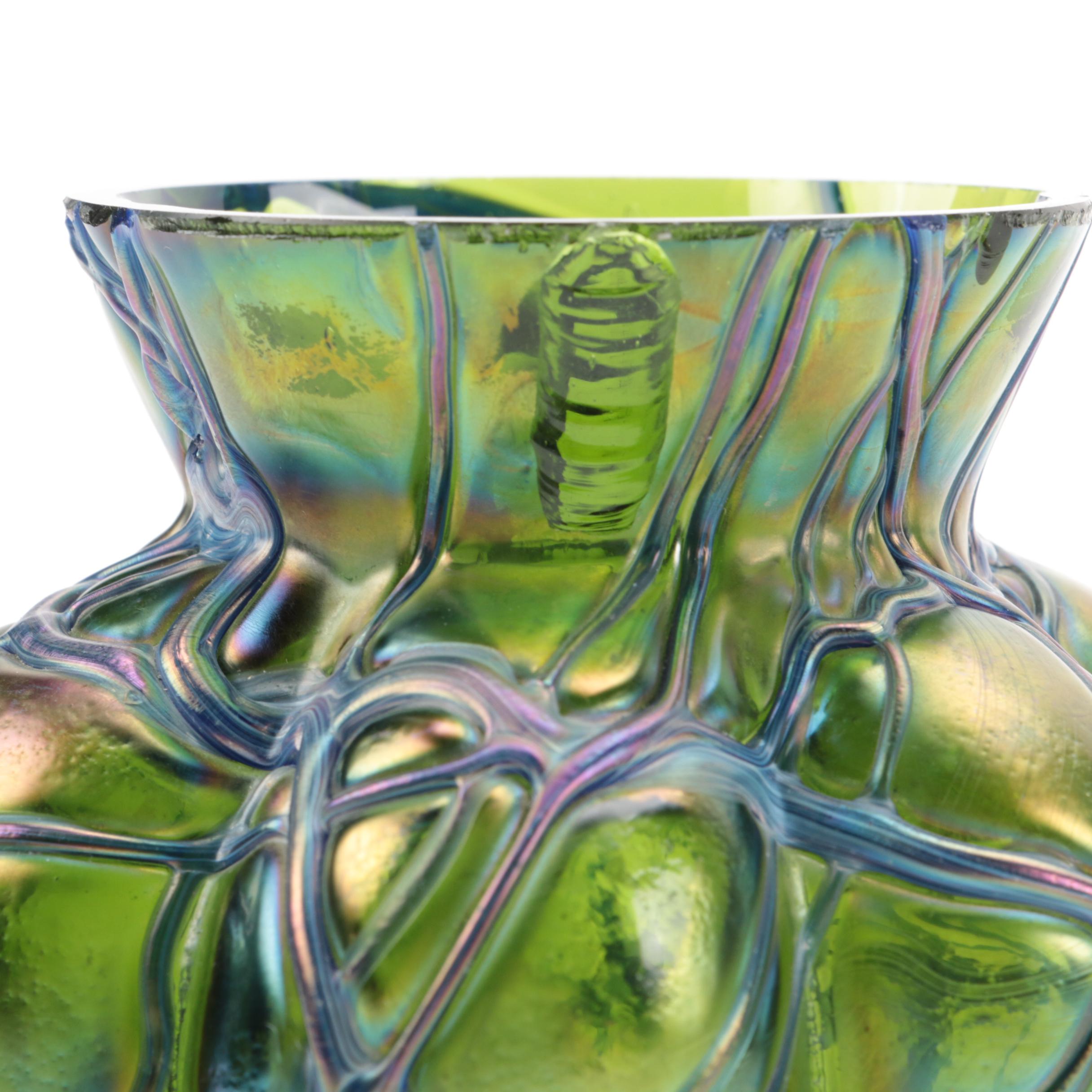 Gebruder Heubach Iridescent Porcelain and  Kralik Style Trailing Glass Vases