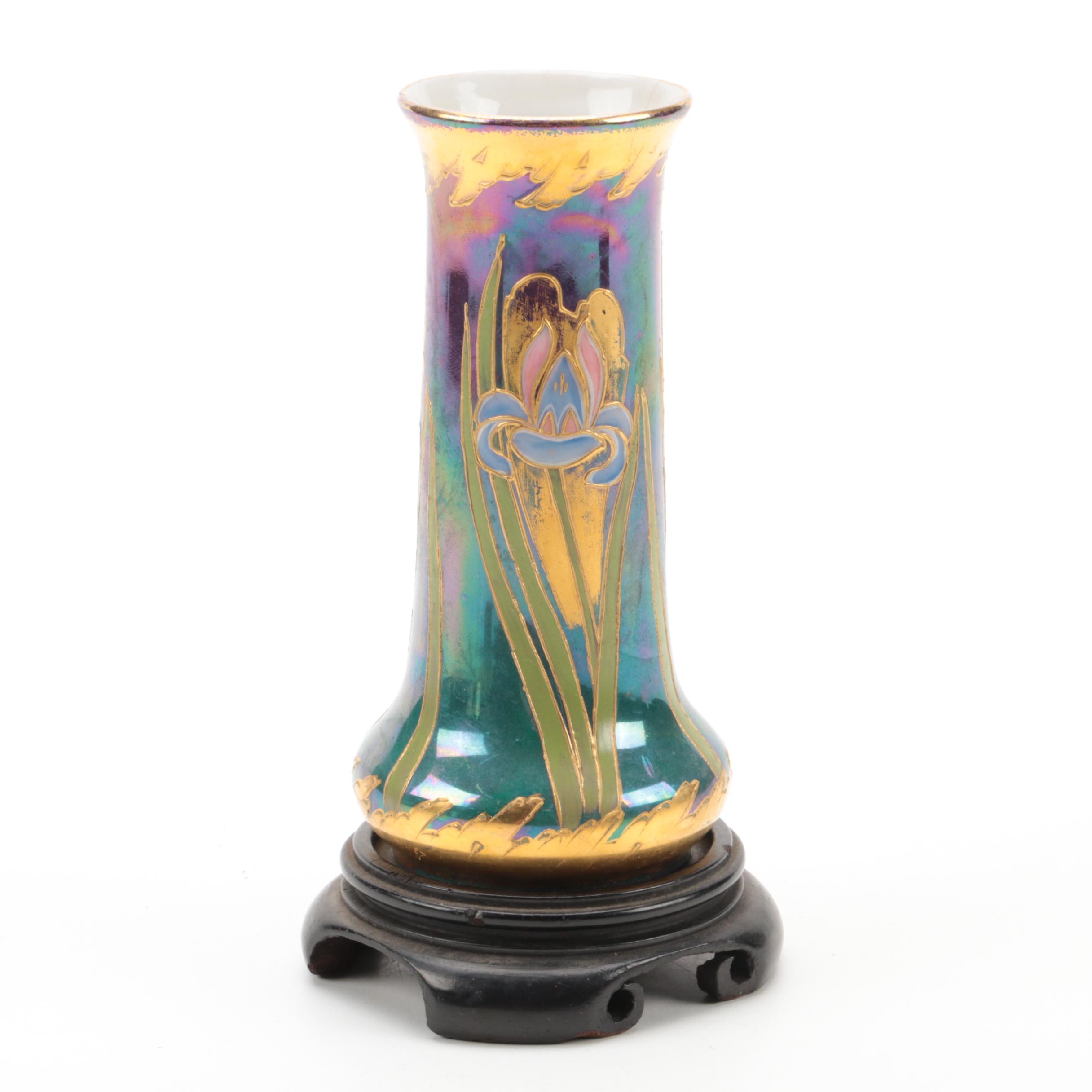 Gebruder Heubach Iridescent Porcelain and  Kralik Style Trailing Glass Vases