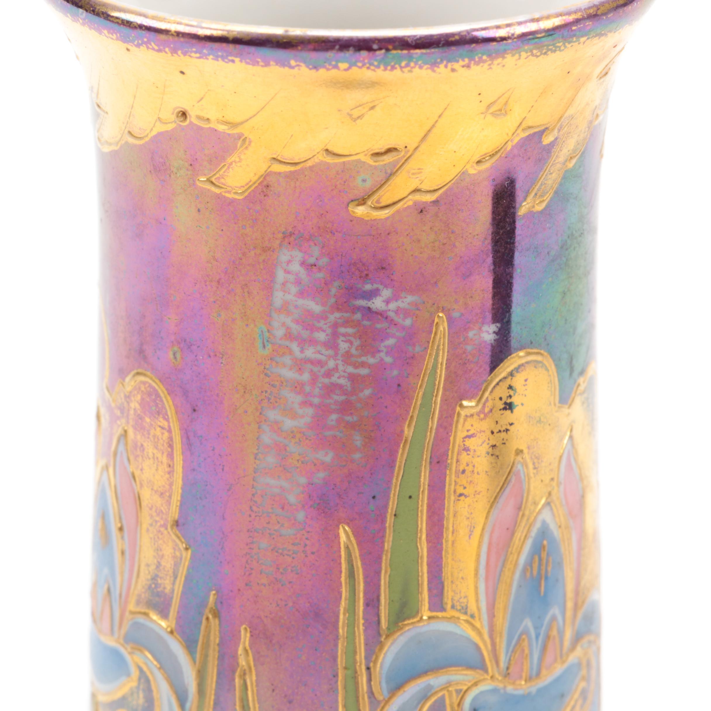 Gebruder Heubach Iridescent Porcelain and  Kralik Style Trailing Glass Vases