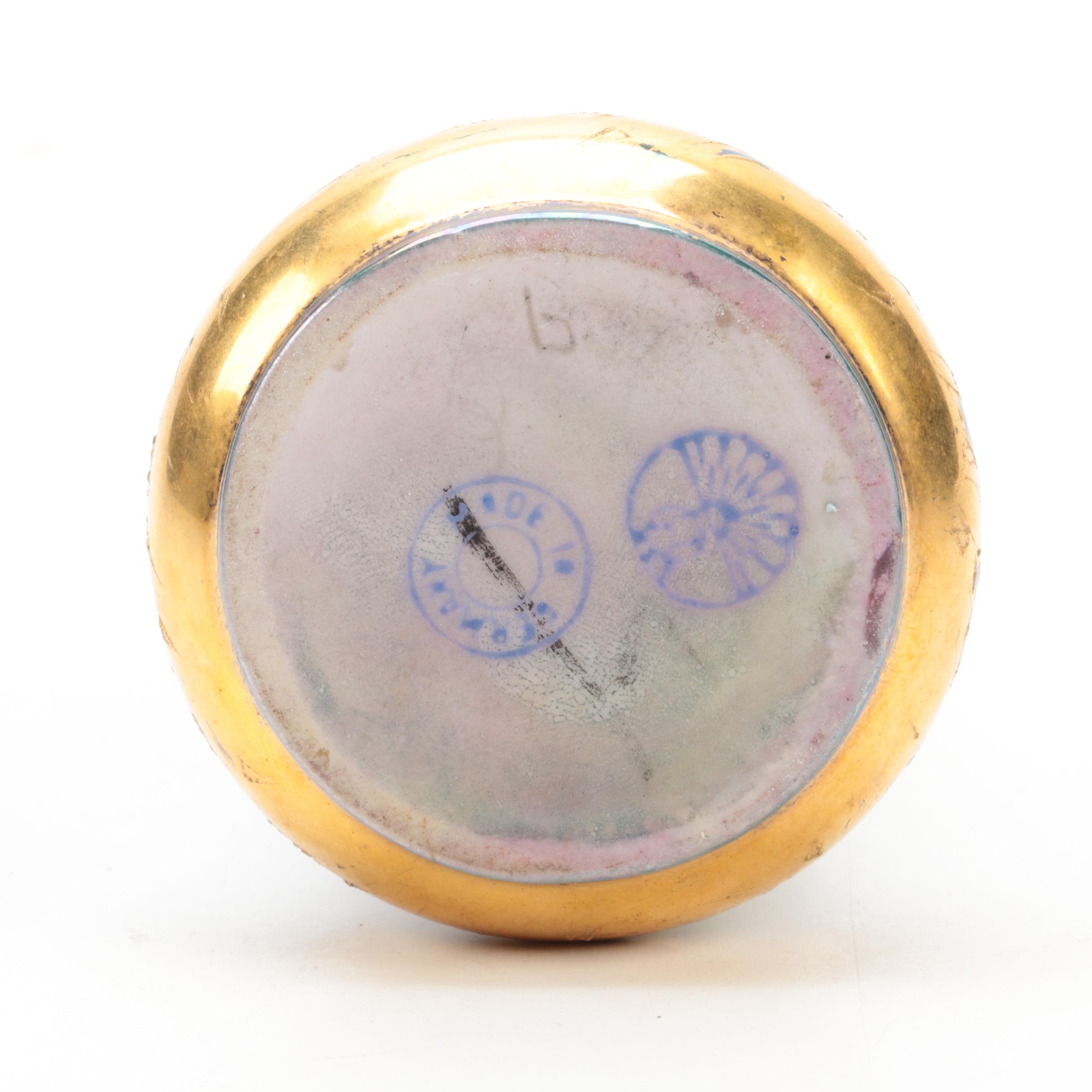 Gebruder Heubach Iridescent Porcelain and  Kralik Style Trailing Glass Vases